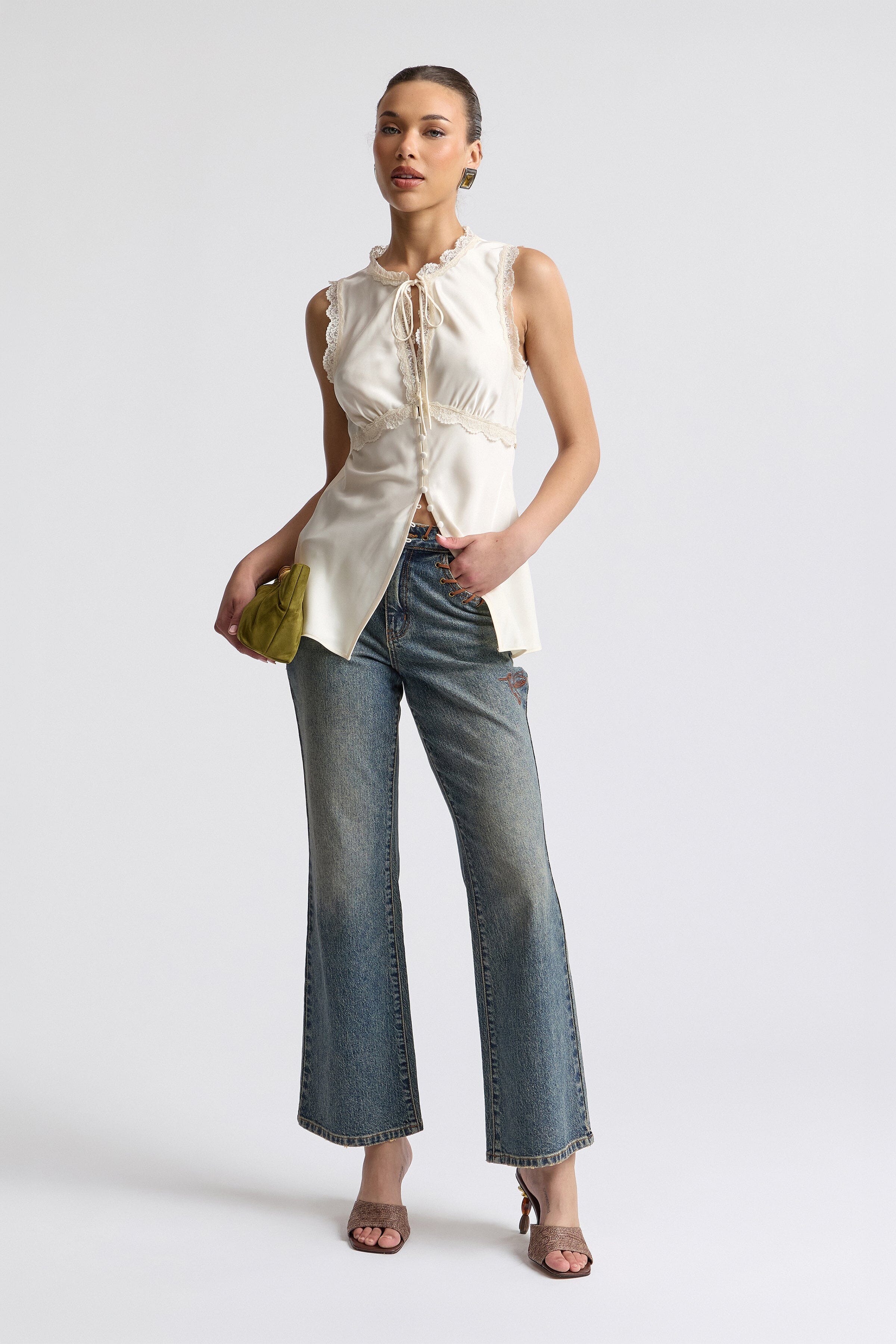 Keyhole Ivory satin button down blouse with empire waist and adjustable tie - Shop cute tops by Avec Les Filles