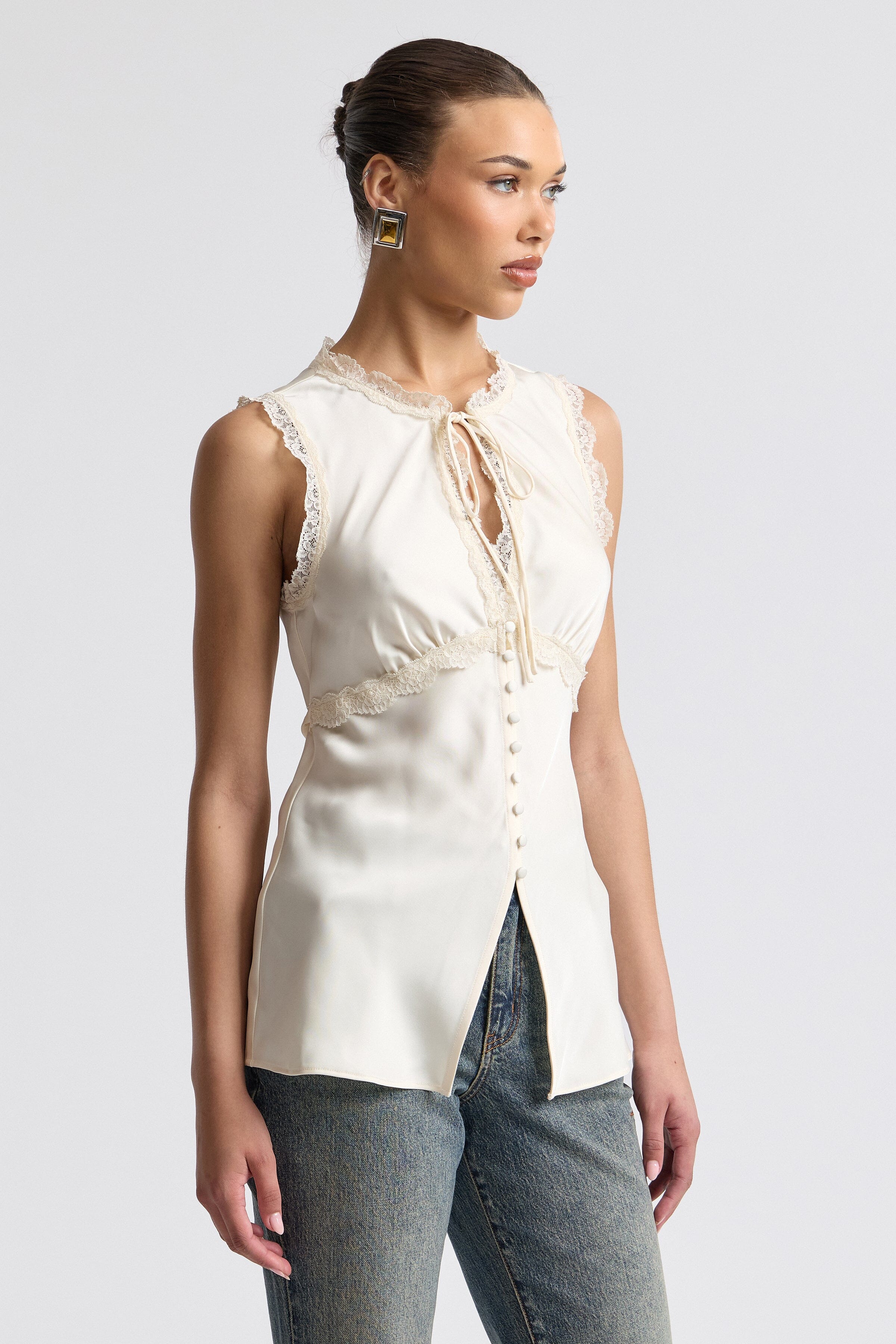 Ivory satin button down blouse with empire waist and adjustable tie - Shop women's cute tops by Avec Les Filles