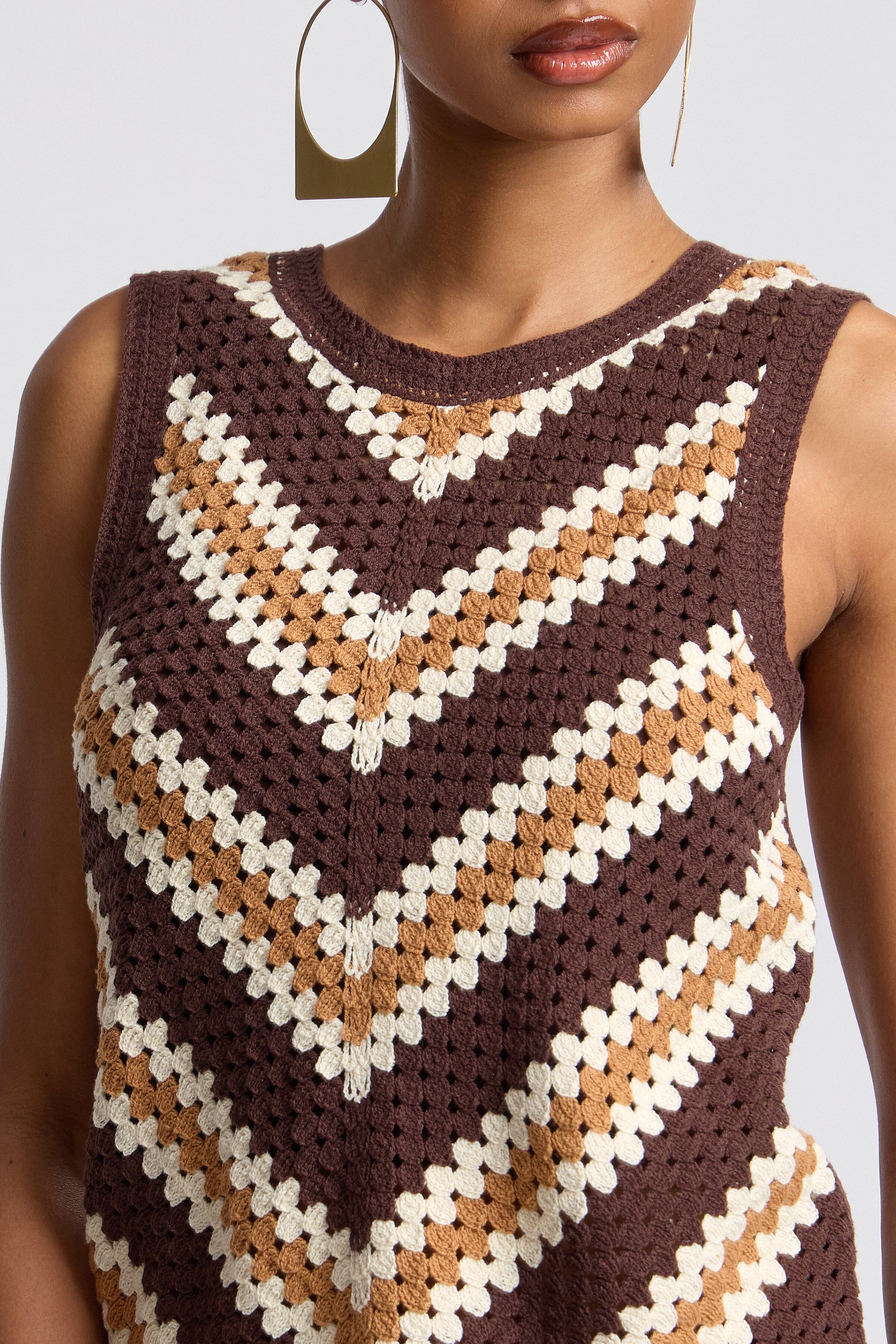 Brown chevron crochet top with geometric pattern - Shop designer women's sleeveless tops by Avec Les Filles