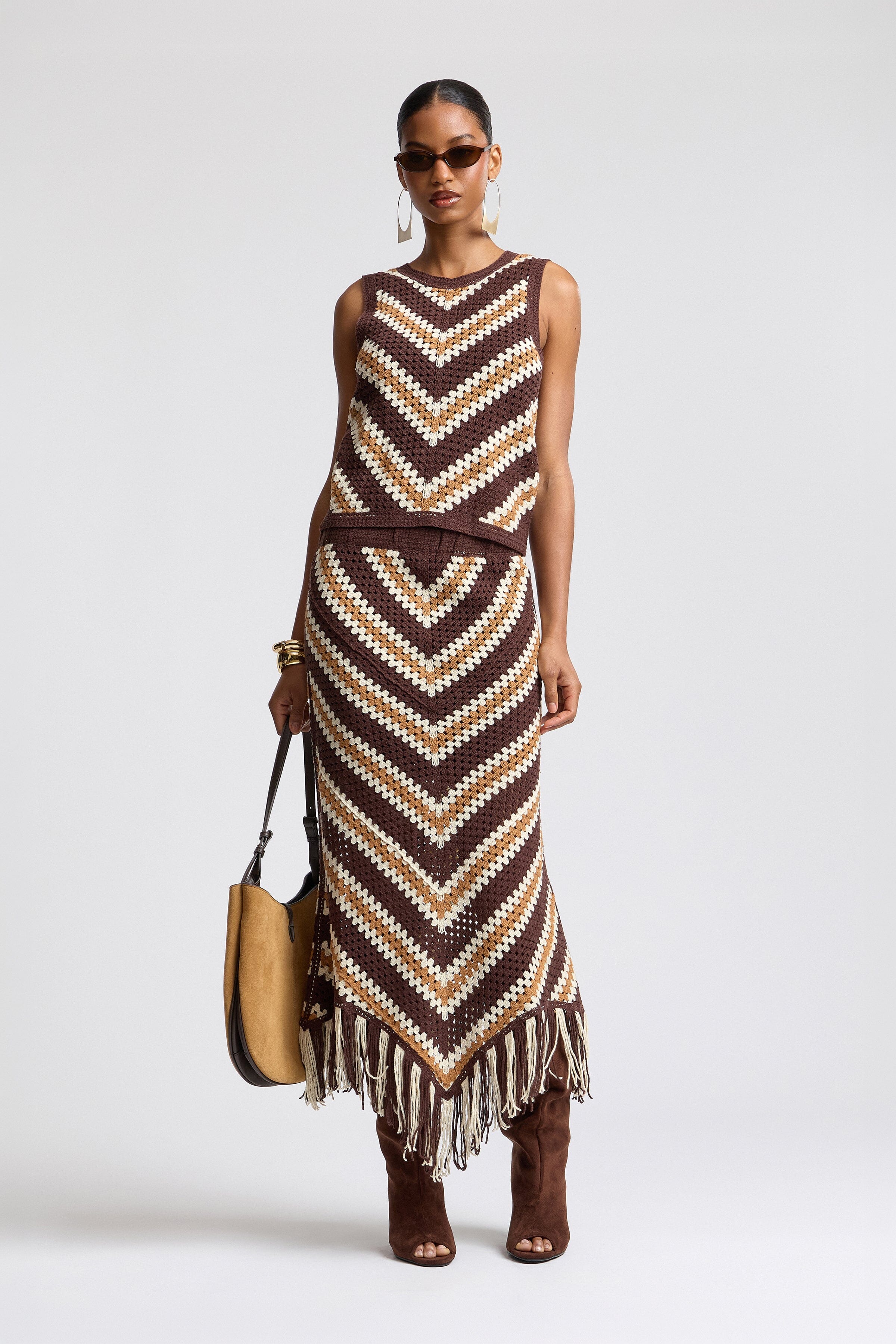 Brown chevron crochet sleeveless top with brown fringe skirt - Shop women's cute tops & skirts by Avec Les Filles