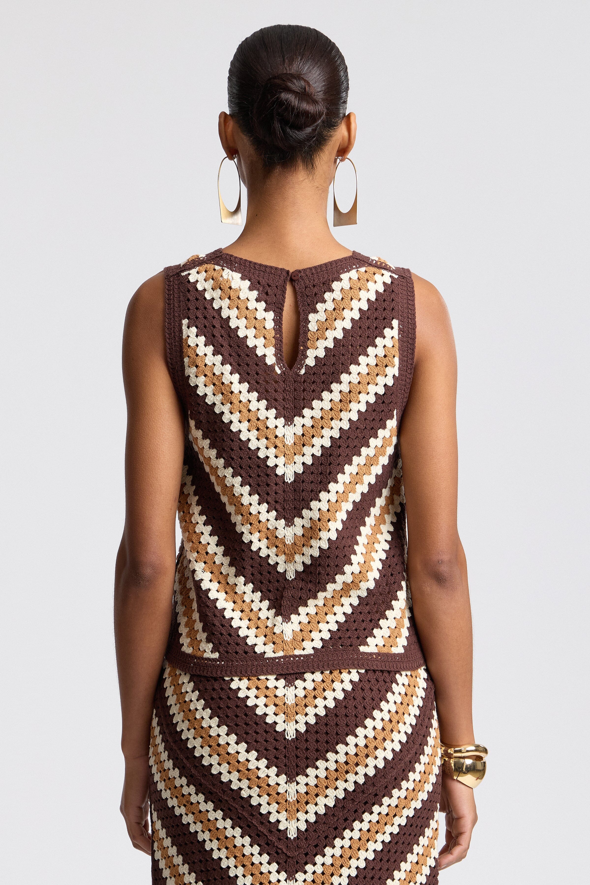 Brown chevron crochet sleeveless top with open crochet and geometric chevron pattern by Avec Les Filles