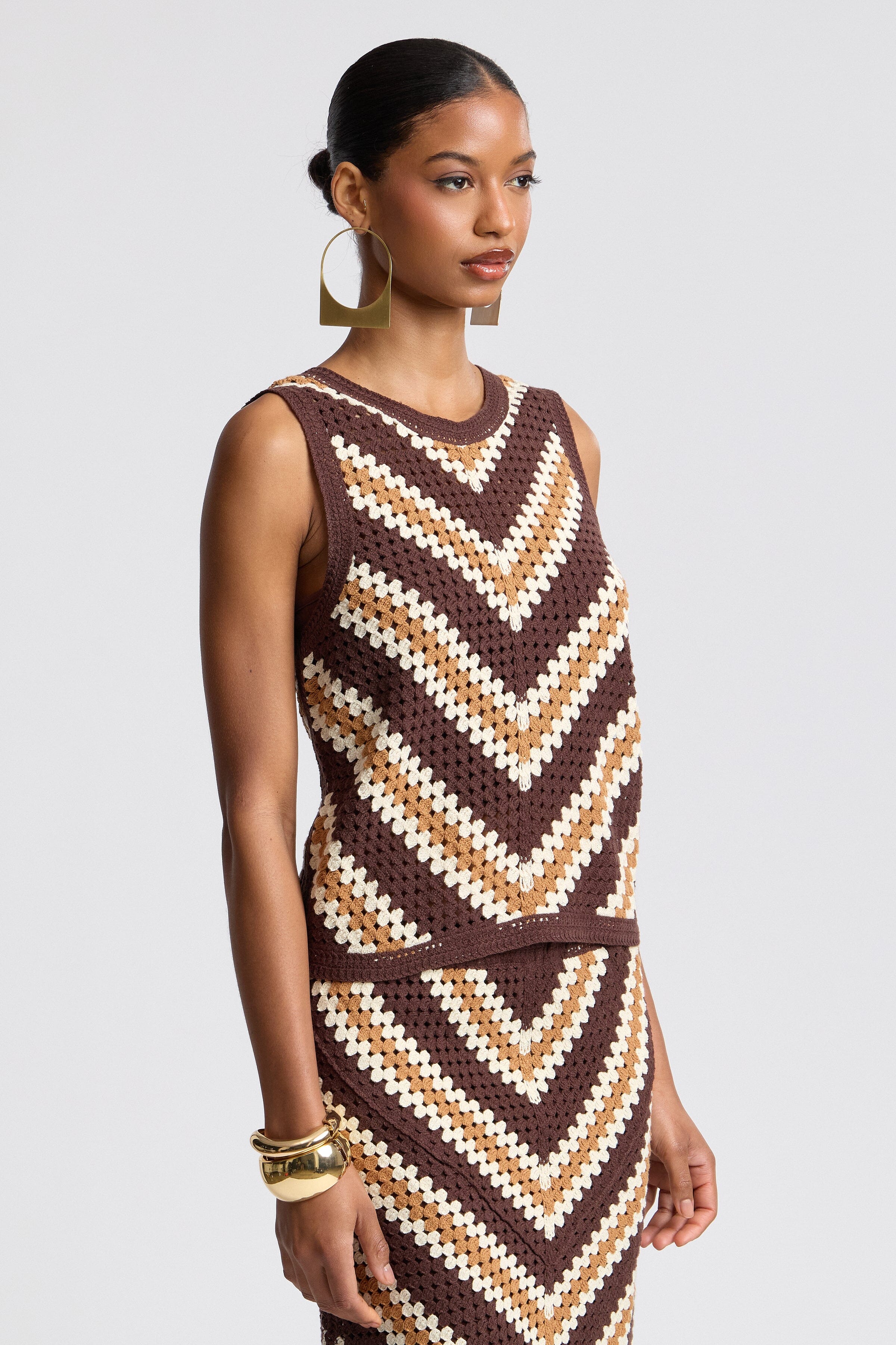 Chevron crochet brown sleeveless top with geometric chevron pattern - Shop women's cute tops by Avec Les Filles