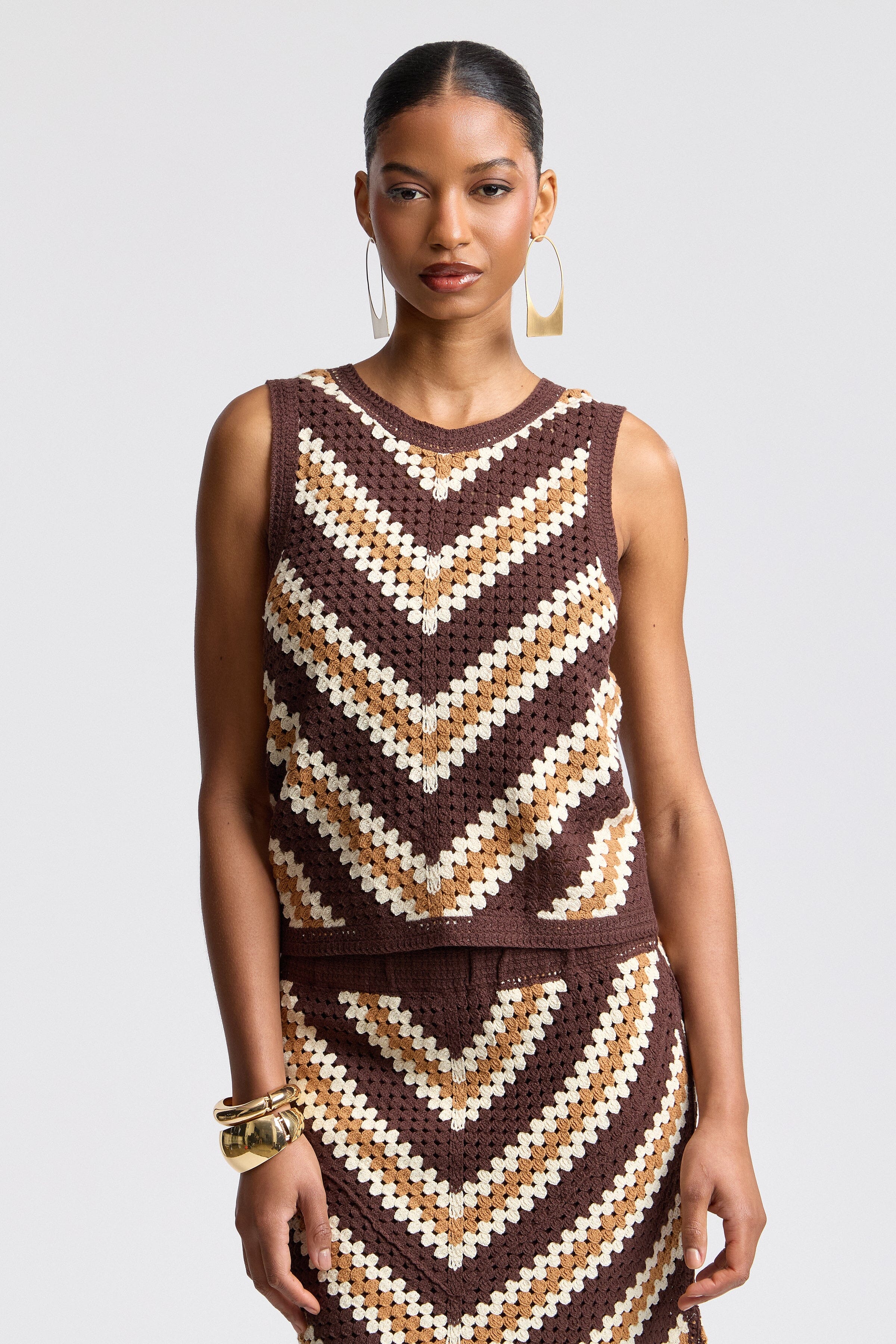 Brown chevron crochet top with geometric chevron pattern - Shop women's cute sleeveless tops by Avec Les Filles