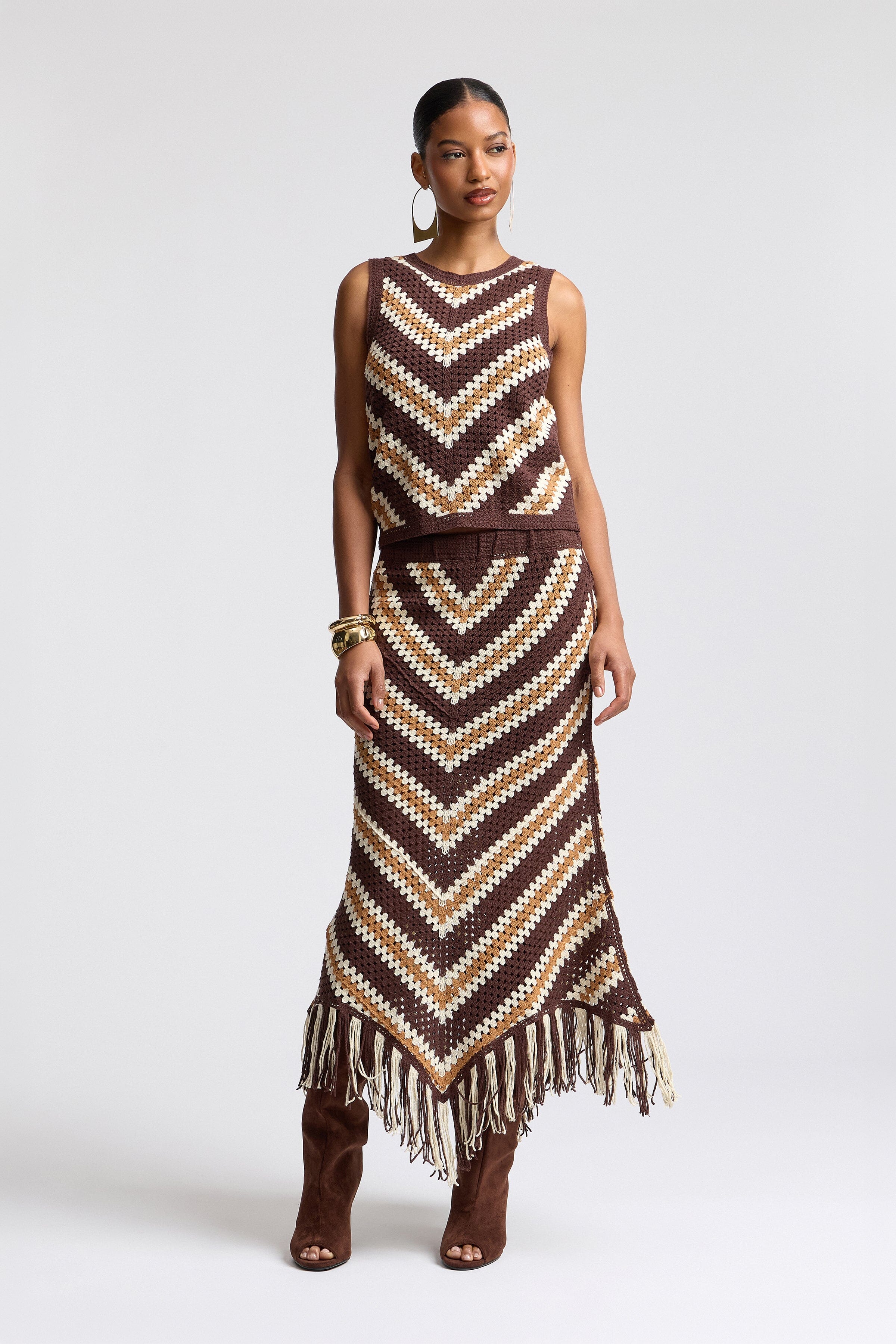 Brown chevron beach crochet skirt in cotton blend - Shop designer women's cute maxi skirts by Avec Les Filles