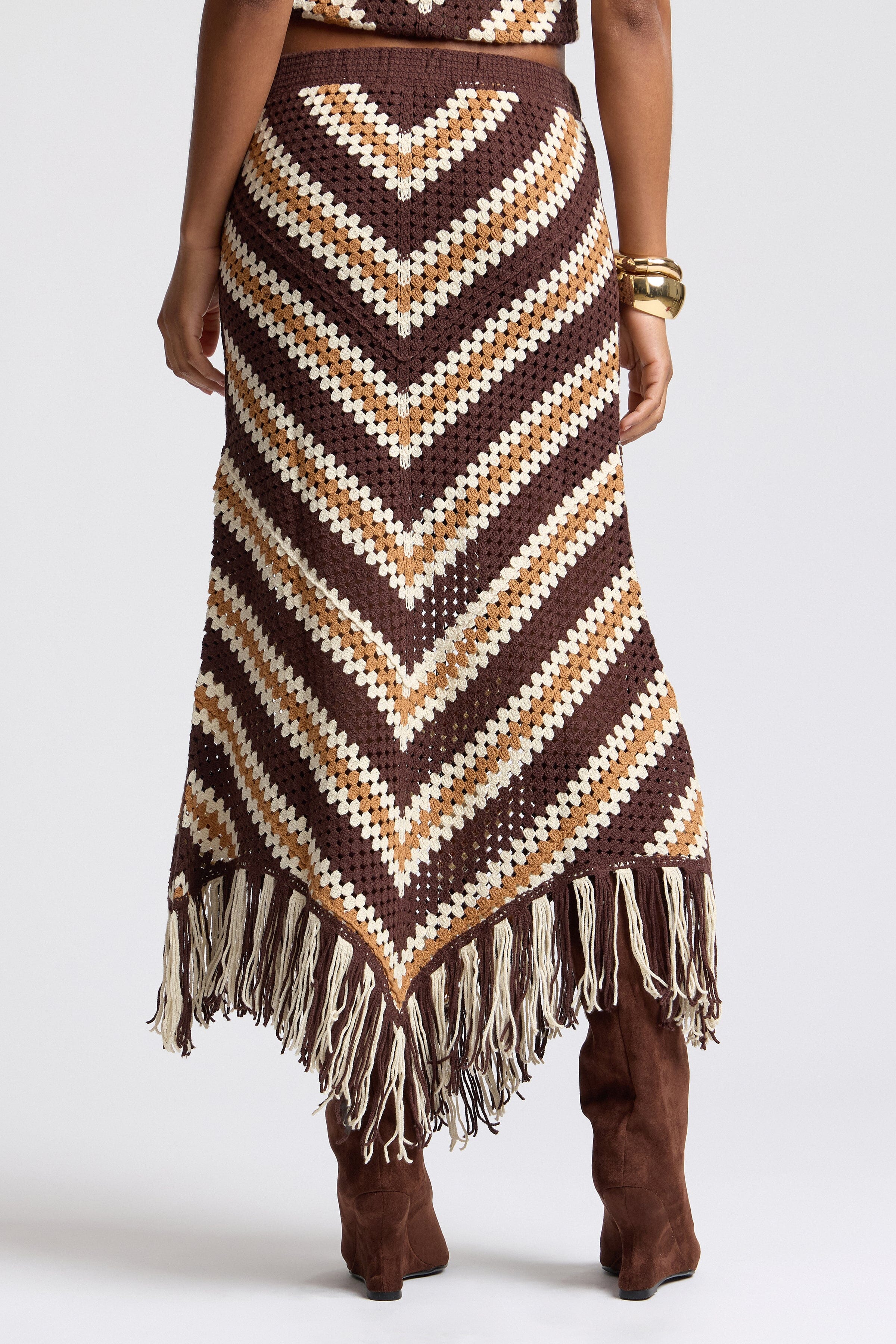 Brown crochet chevron skirt in cotton blend - Shop designer women's cute maxi skirts by Avec Les Filles
