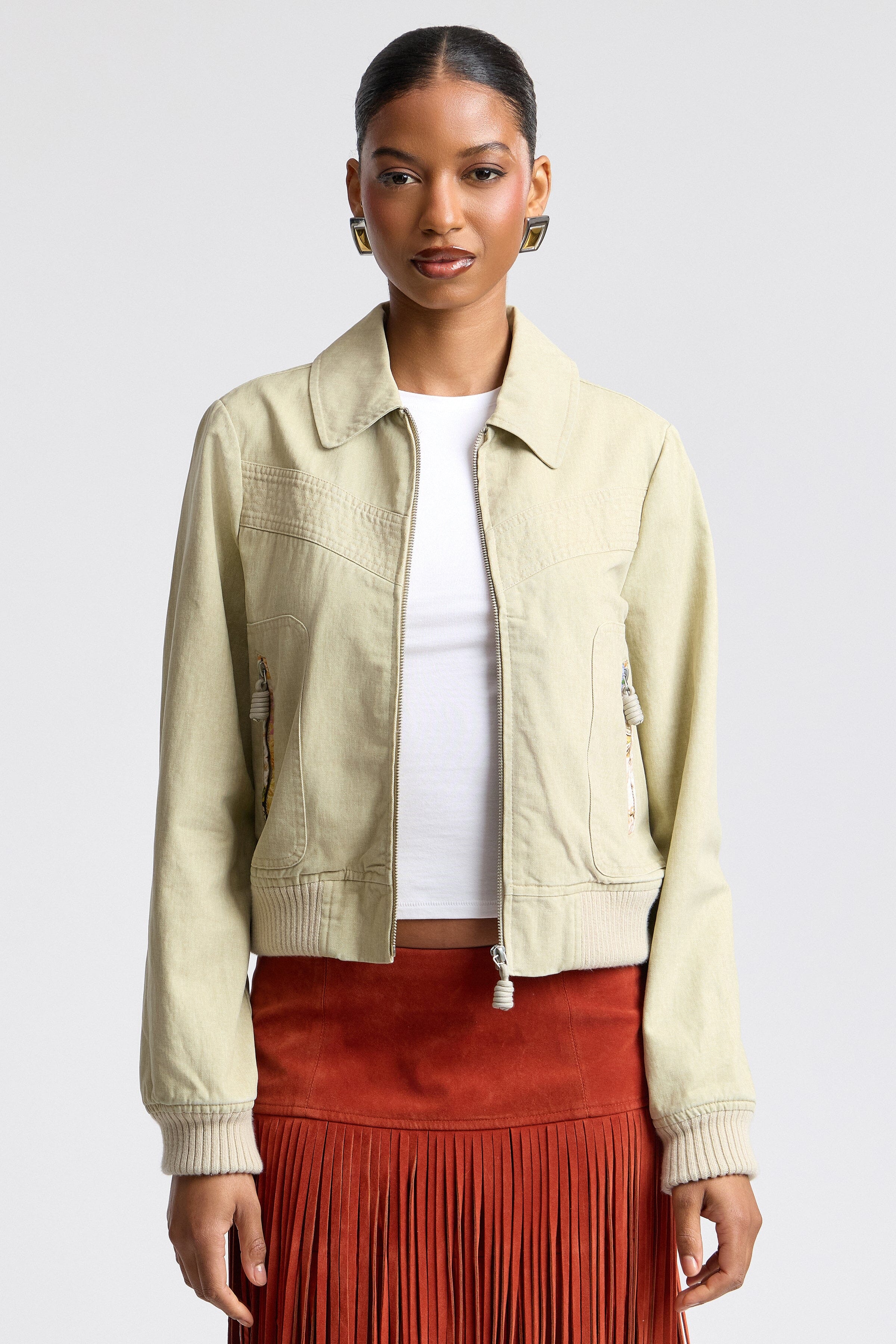 Women's khaki washed bomber cotton jacket. Shop cute designer bomber jackets by Avec Les Filles.