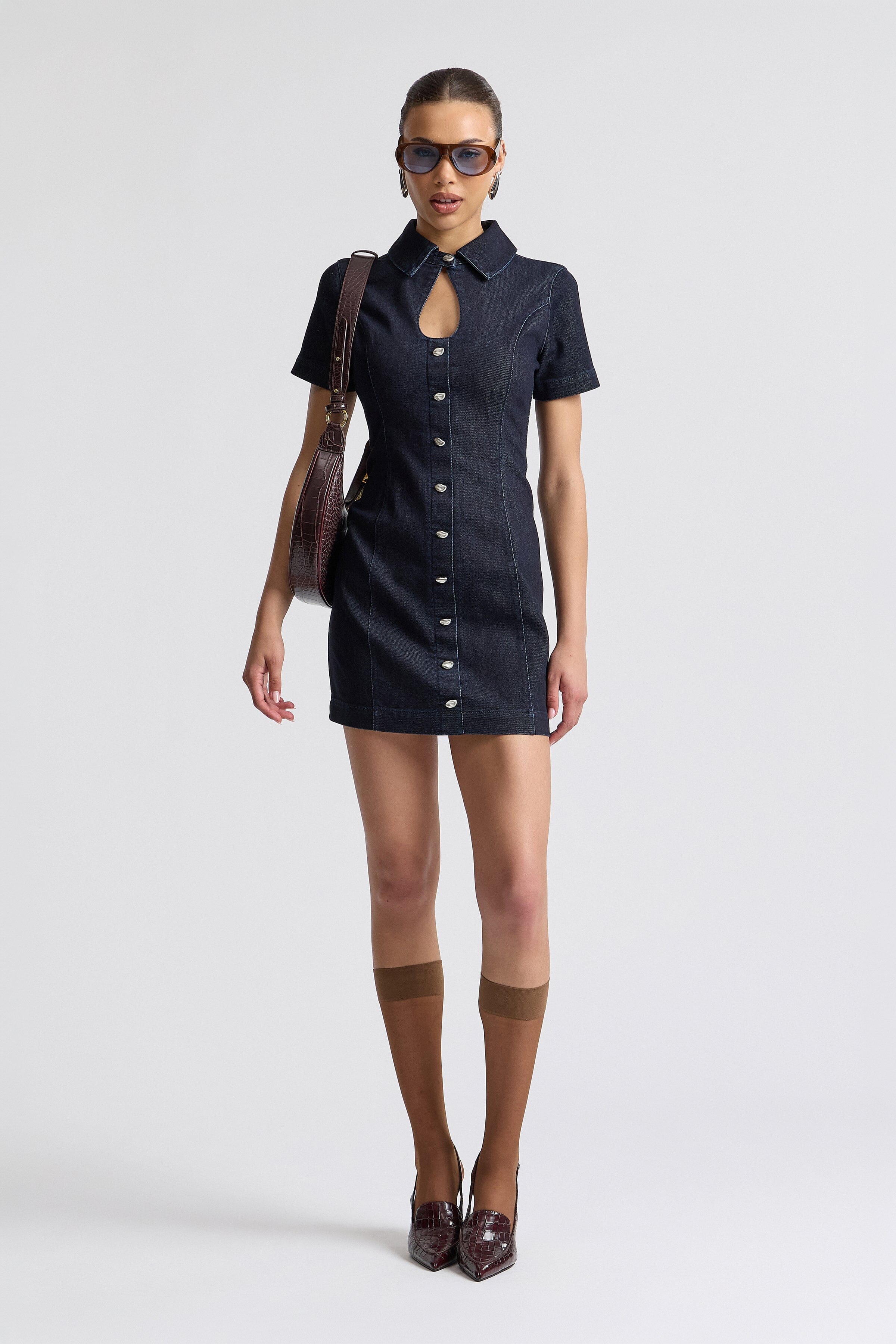 Stretch denim dress button with short sleeve and keyhole neck - Shop women's cute mini dresses by Avec Les Filles