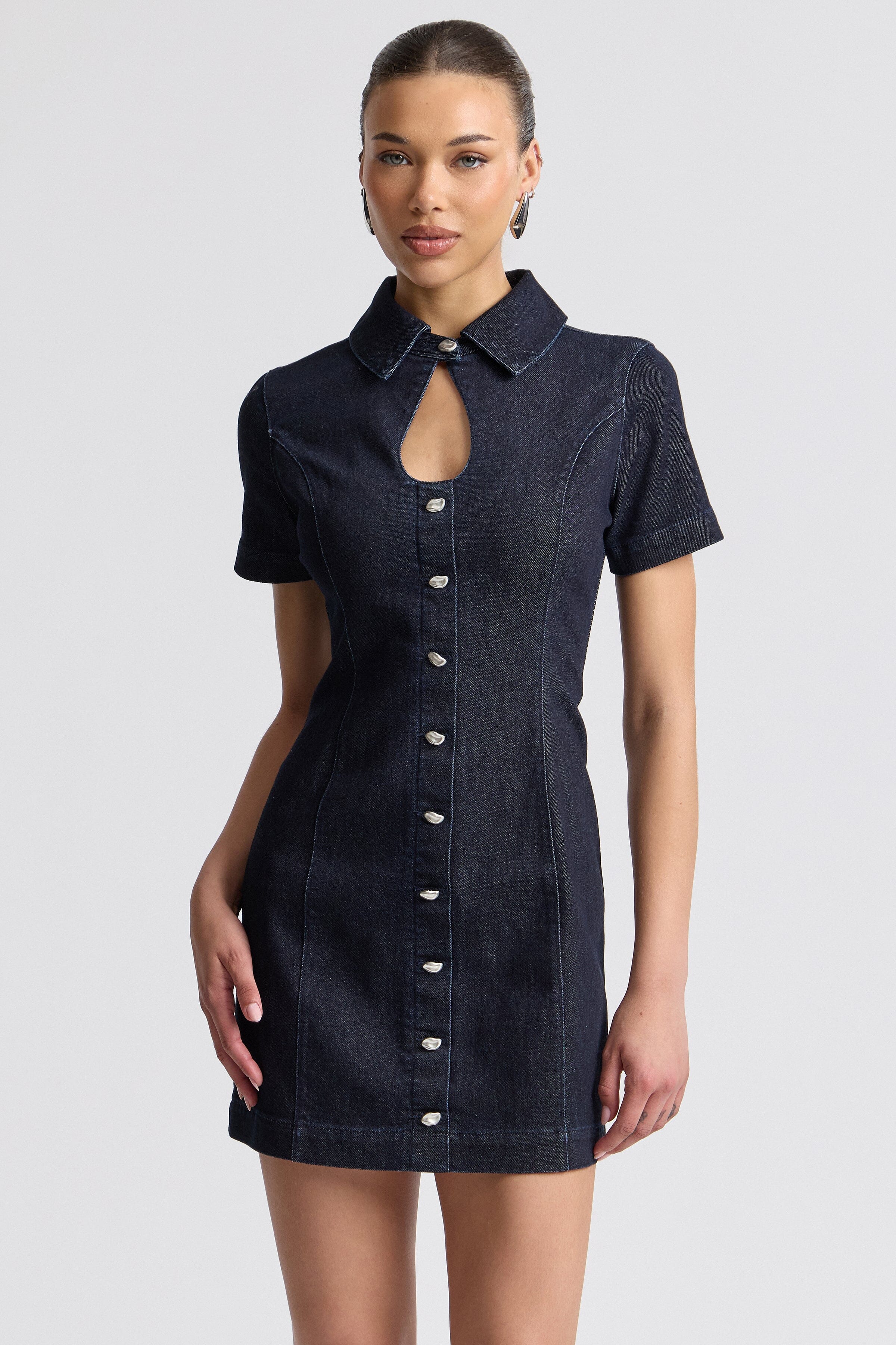 Stretch denim button dress with short sleeve and keyhole neck - Shop women's cute mini dresses by Avec Les Filles