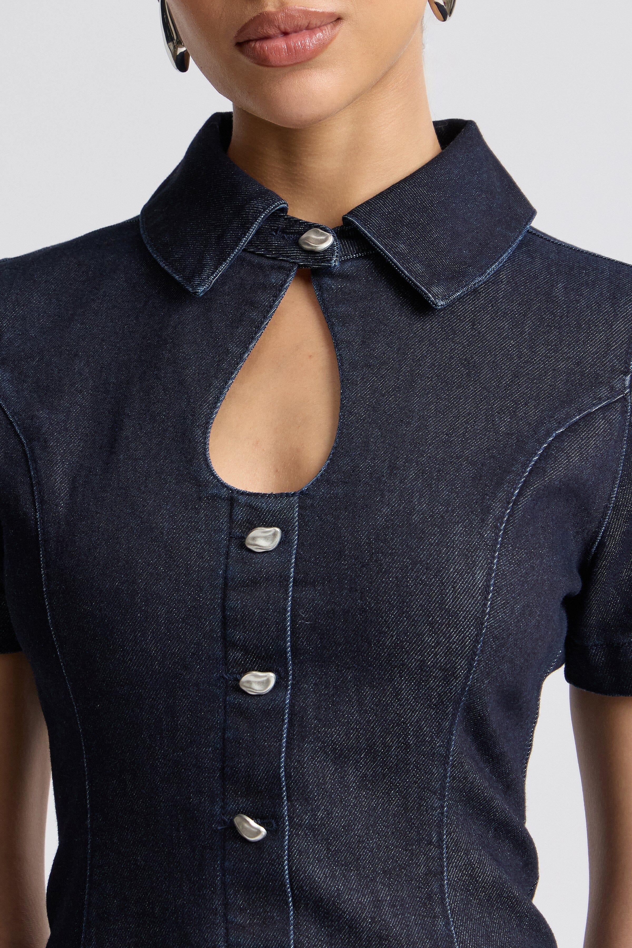 Denim short sleeve denim mini dress with button-front and keyhole neck - Shop women's mini dresses by Avec Les Filles