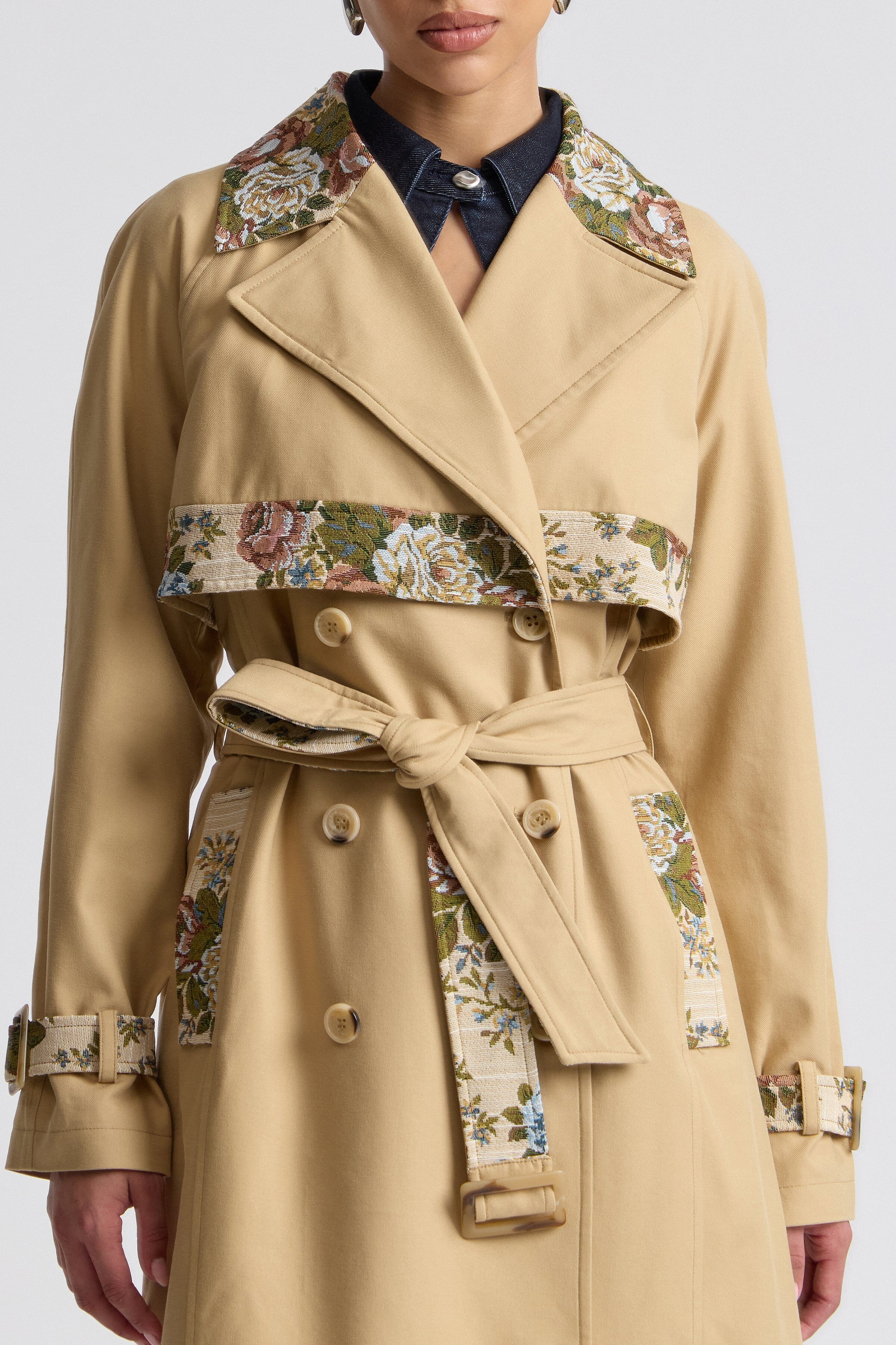 Womens floral trench coat in cotton twill with jacquard accents - Shop designer trench coats by Avec Les Filles