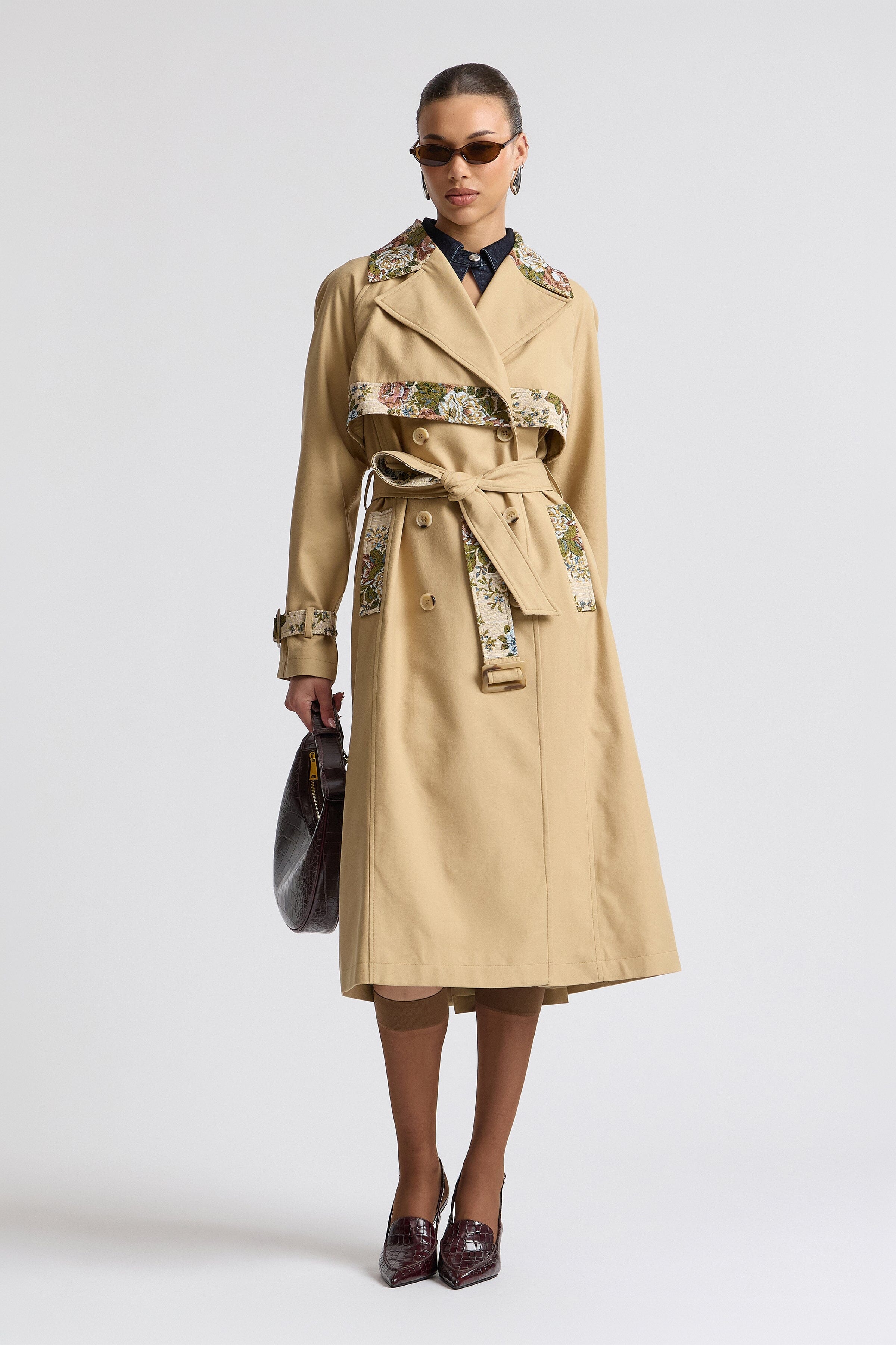 Classic tan floral coat womens in cotton twill with floral jacquard accents - Shop designer trench coats by Avec Les Filles