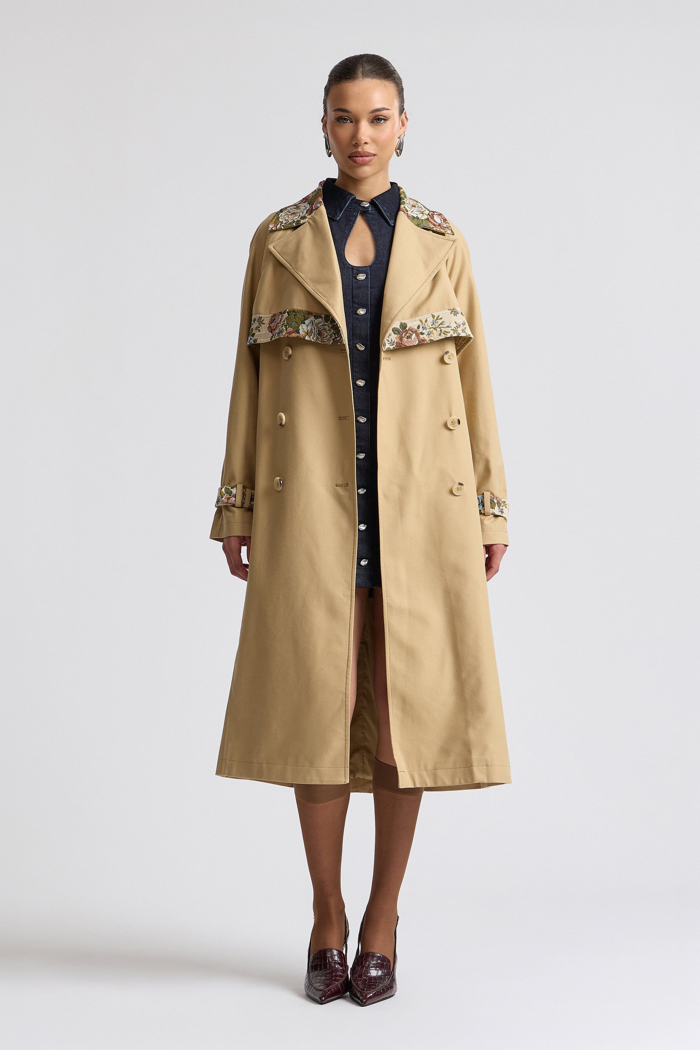 Classic tan trench coat in cotton twill with floral jacquard accents - Shop designer women's trench coats by Avec Les Filles