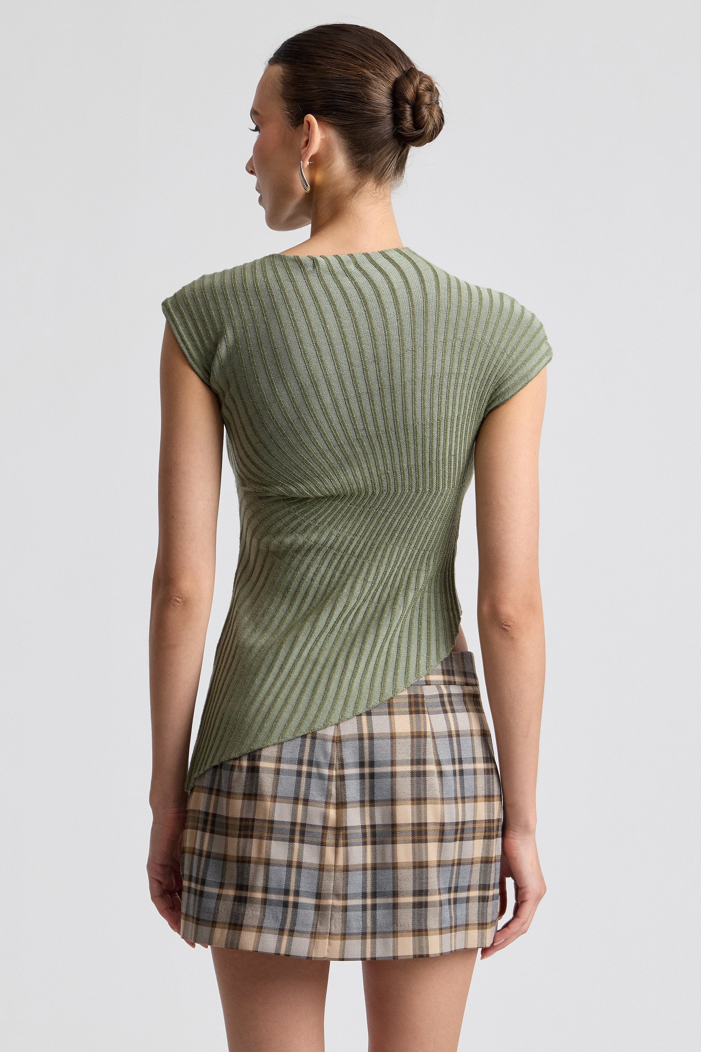 Radial rib olive green top womens with cap sleeves - Shop designer women's cute asymmetrical tops by Avec Les Filles