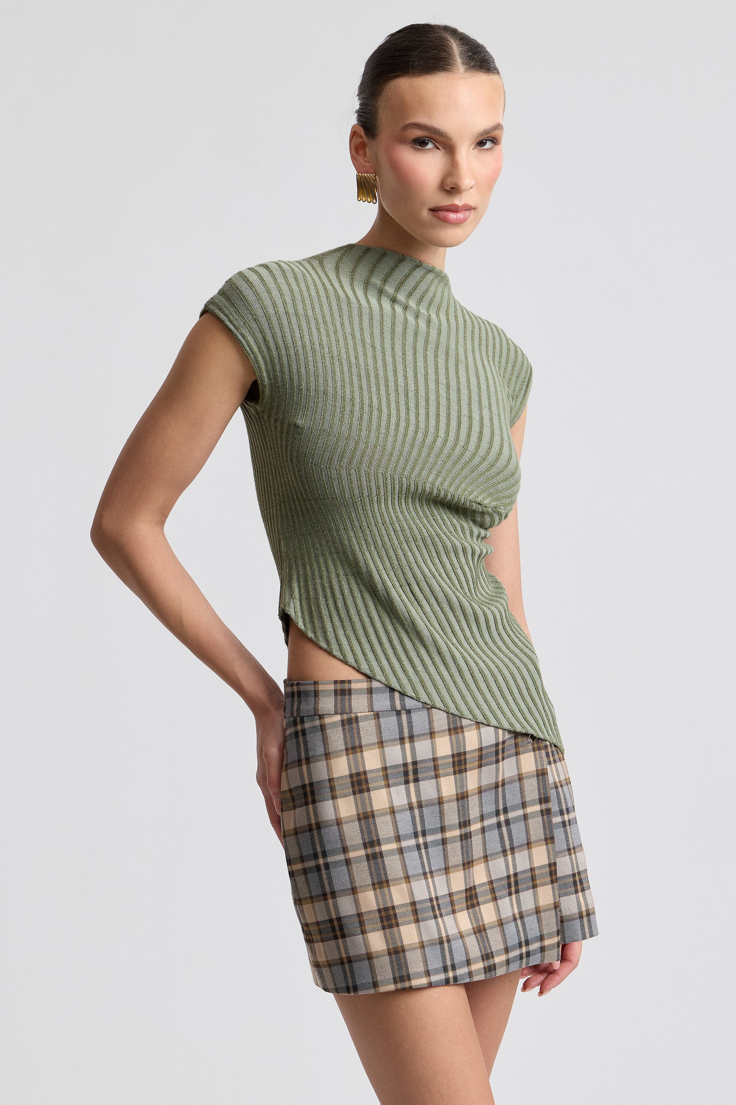 Radial rib olive green ribbed top with mock neck and cap sleeves - Shop women's cute asymmetrical tops by Avec Les Filles