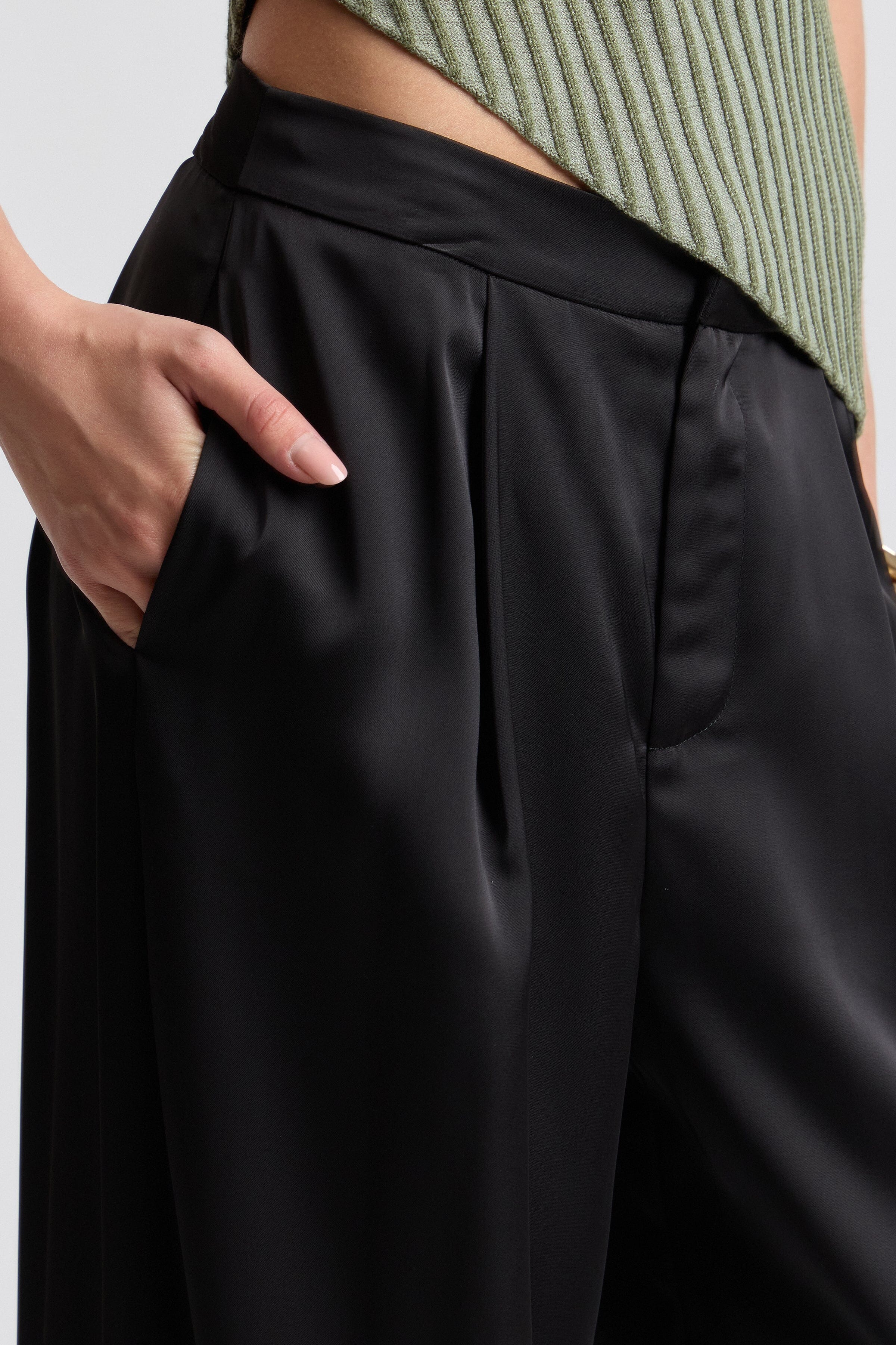 Black satin wide leg pants. Shop designer women's cute satin pants by Avec Les Filles.