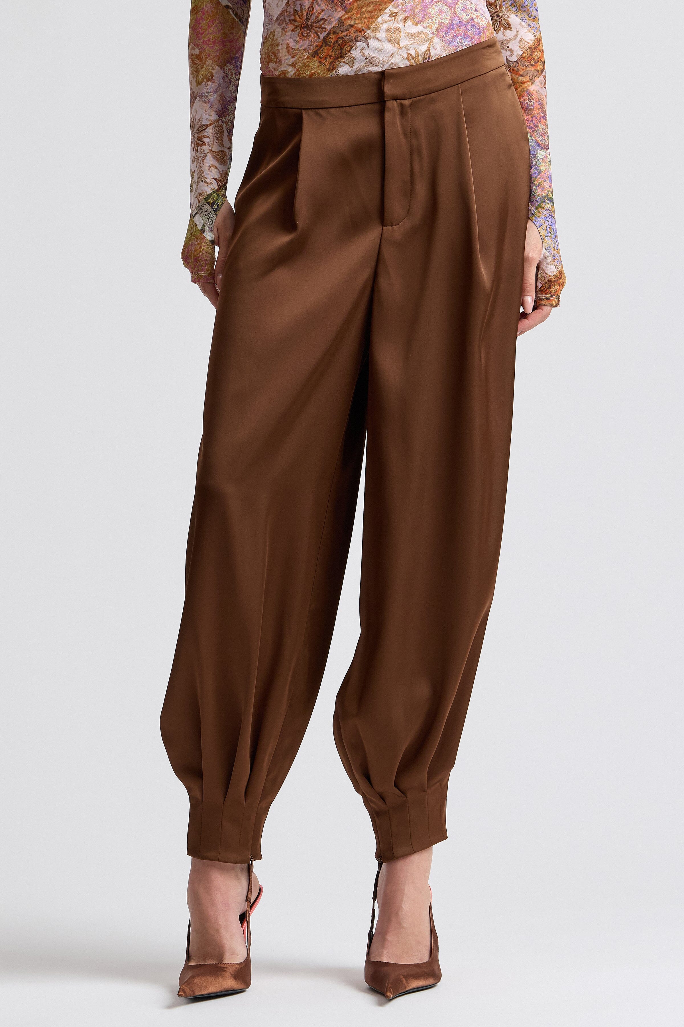 Chocolate Pleated Satin Balloon Pants