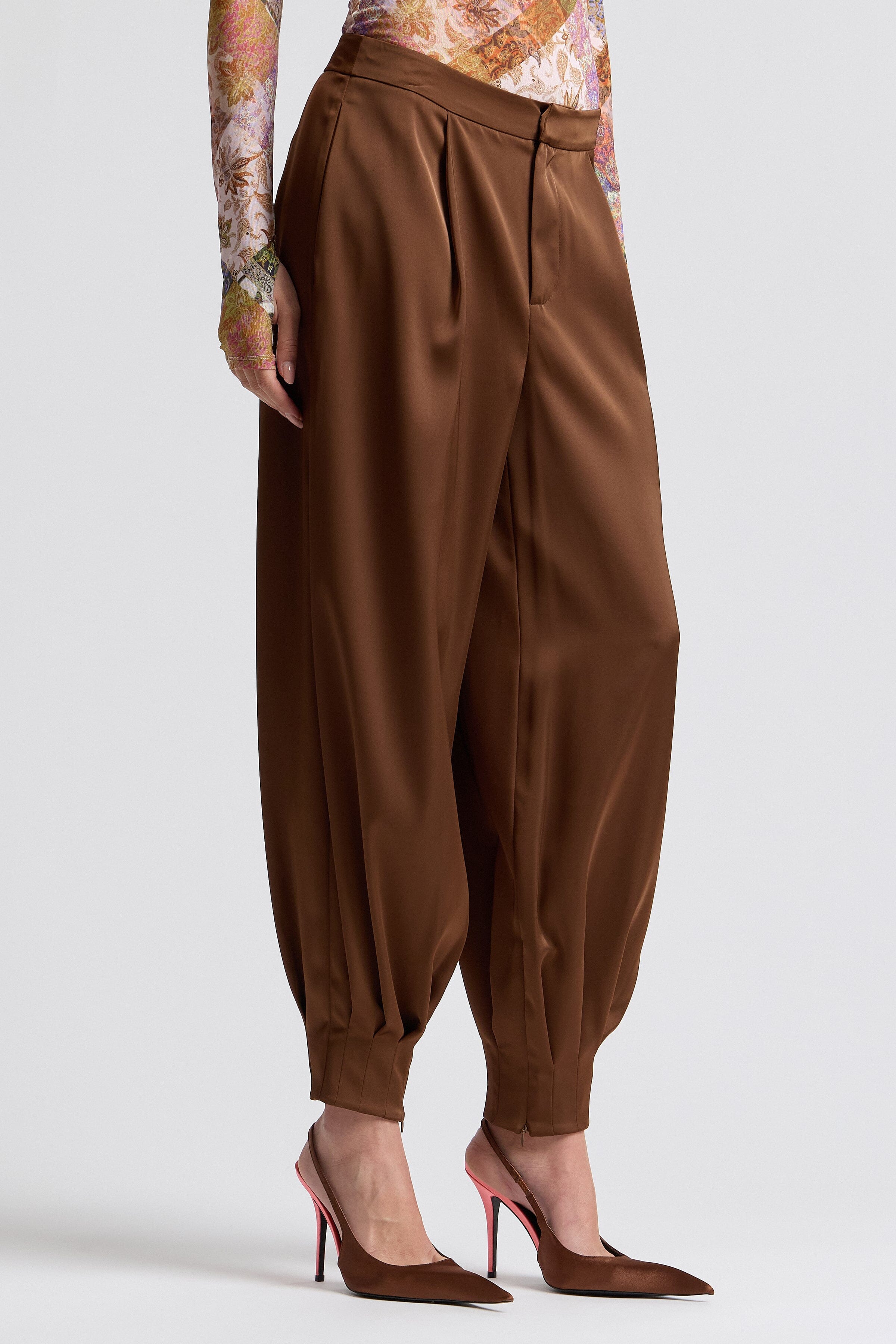Chocolate satin pants. Shop designer women's cute satin pants by Avec Les Filles.