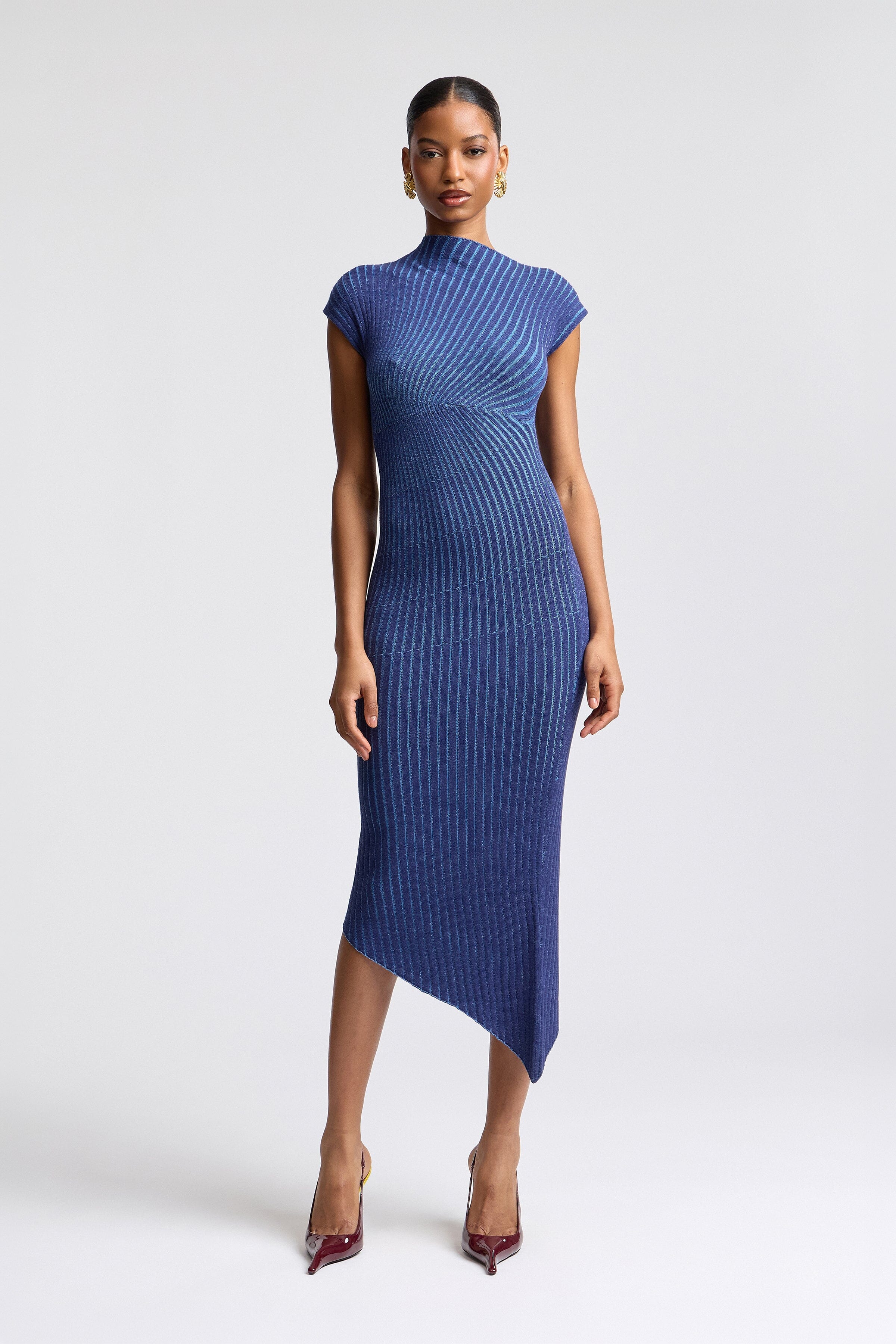 Radial asymmetric blue ribbed knit midi dress with mock neck and cap sleeves - Shop cute midi dresses by Avec Les Filles