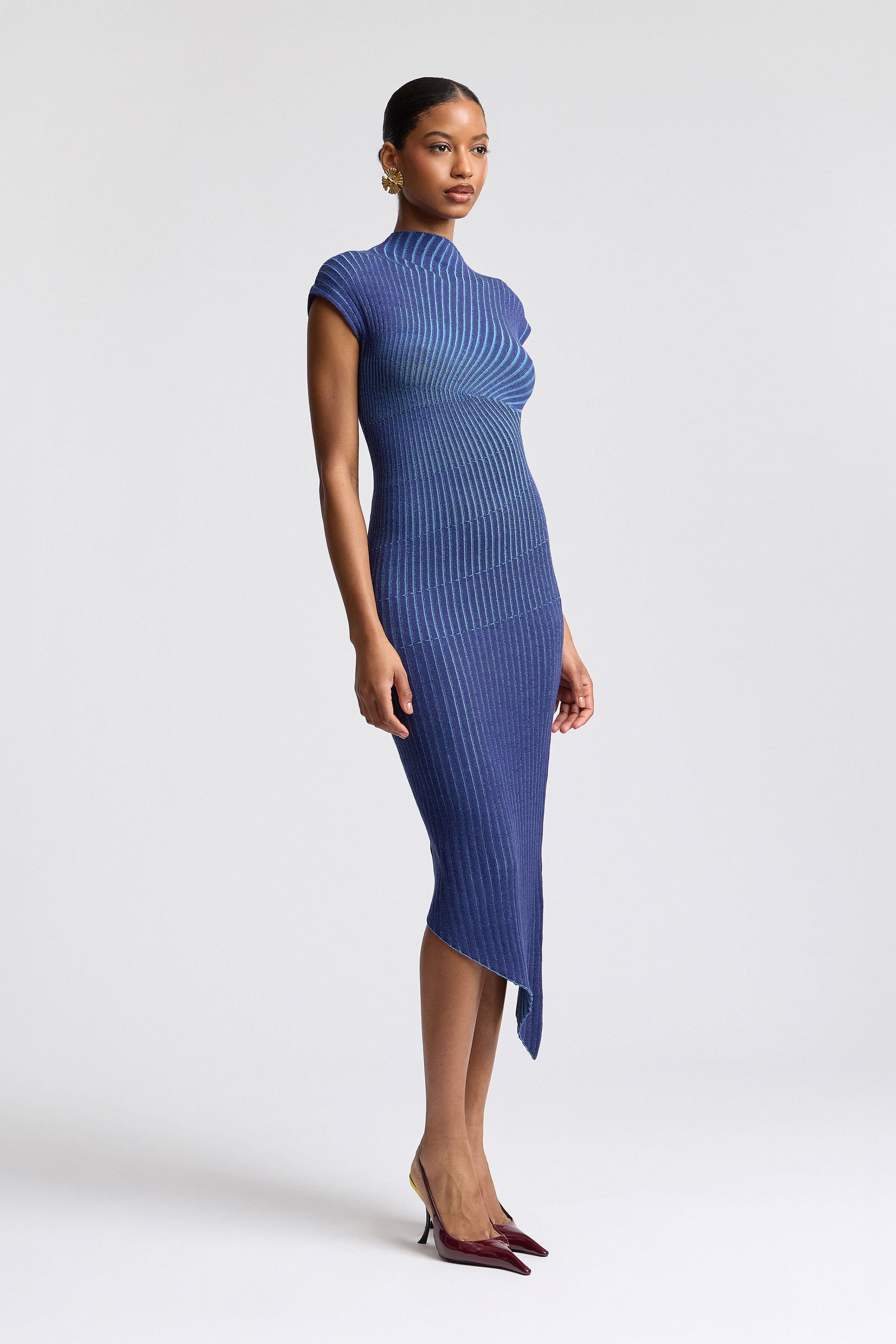 Radial blue knee length sweater dress with mock neck and cap sleeves - Shop women's midi dresses by Avec Les Filles