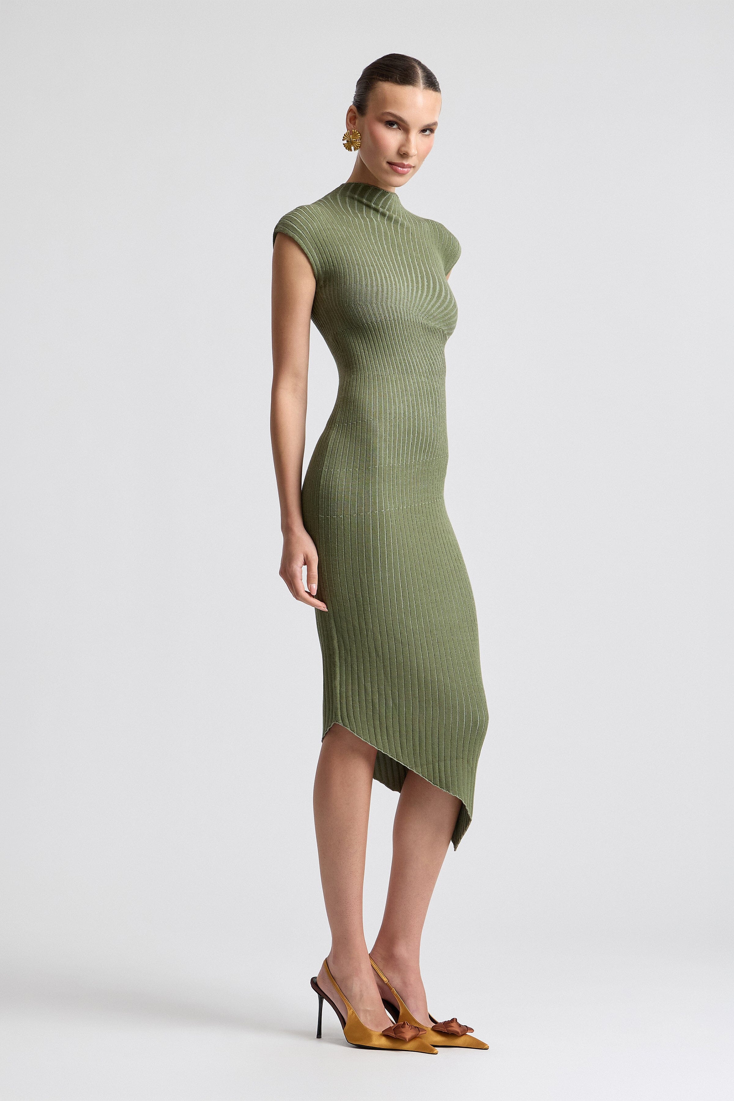 Radial asymmetric green ribbed knit midi dress with cap sleeves - Shop women's cute midi dresses by Avec Les Filles