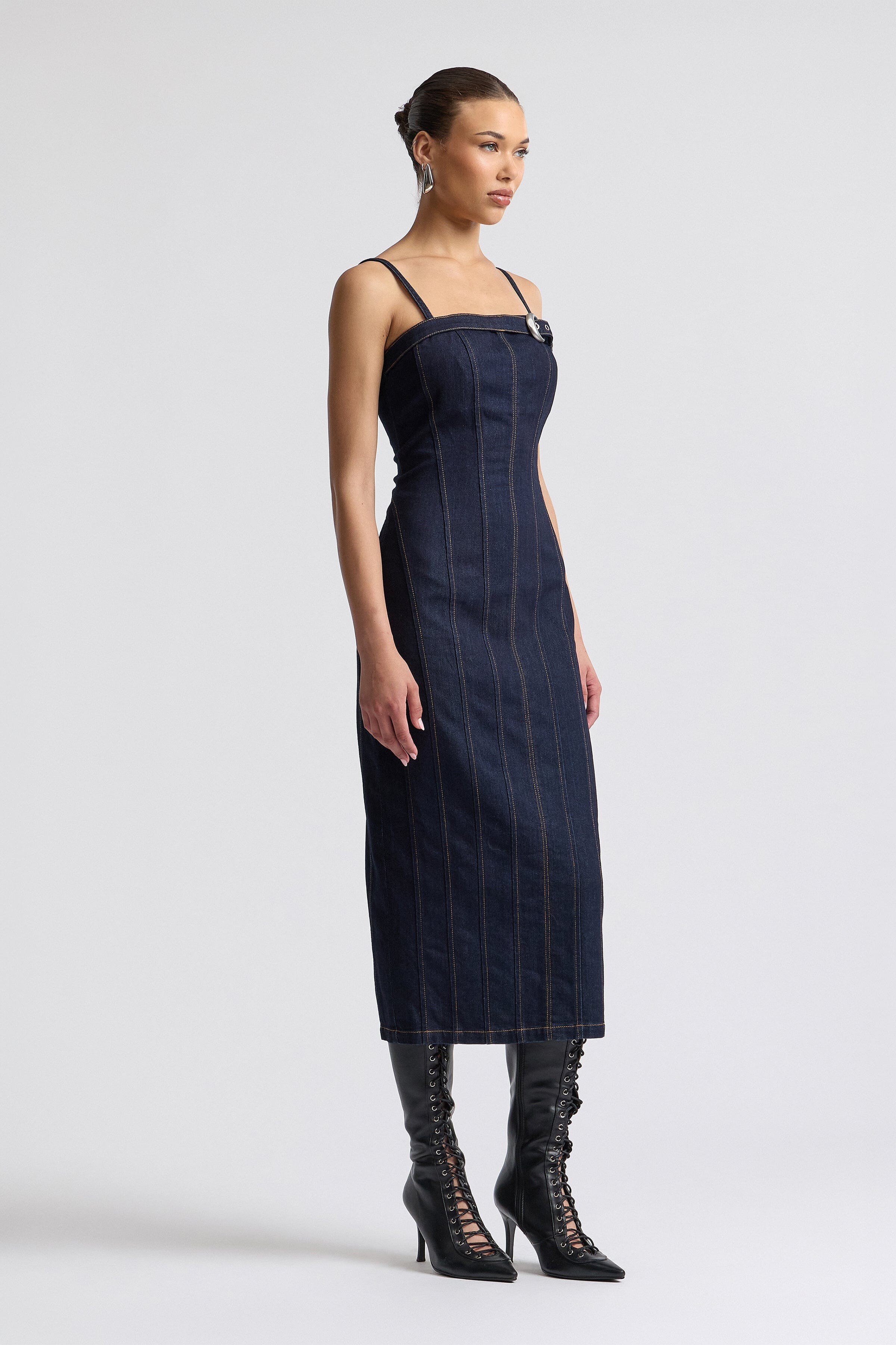Dark blue buckle denim midi dress with adjustable straps - Shop women's cute midi dresses by Avec Les Filles.
