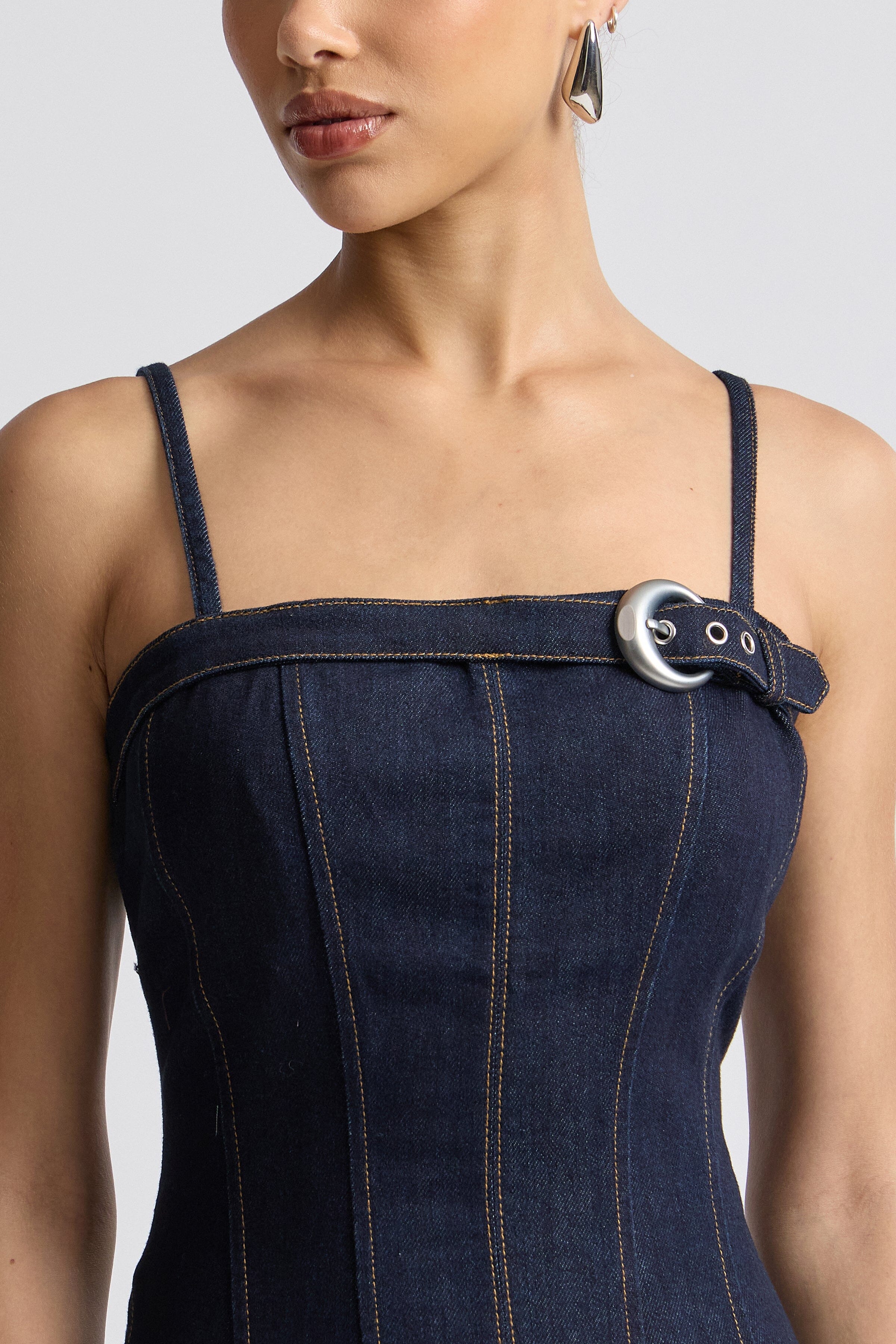 Dark blue denim dress with buckle and adjustable straps - Shop women's cute midi dresses by Avec Les Filles.