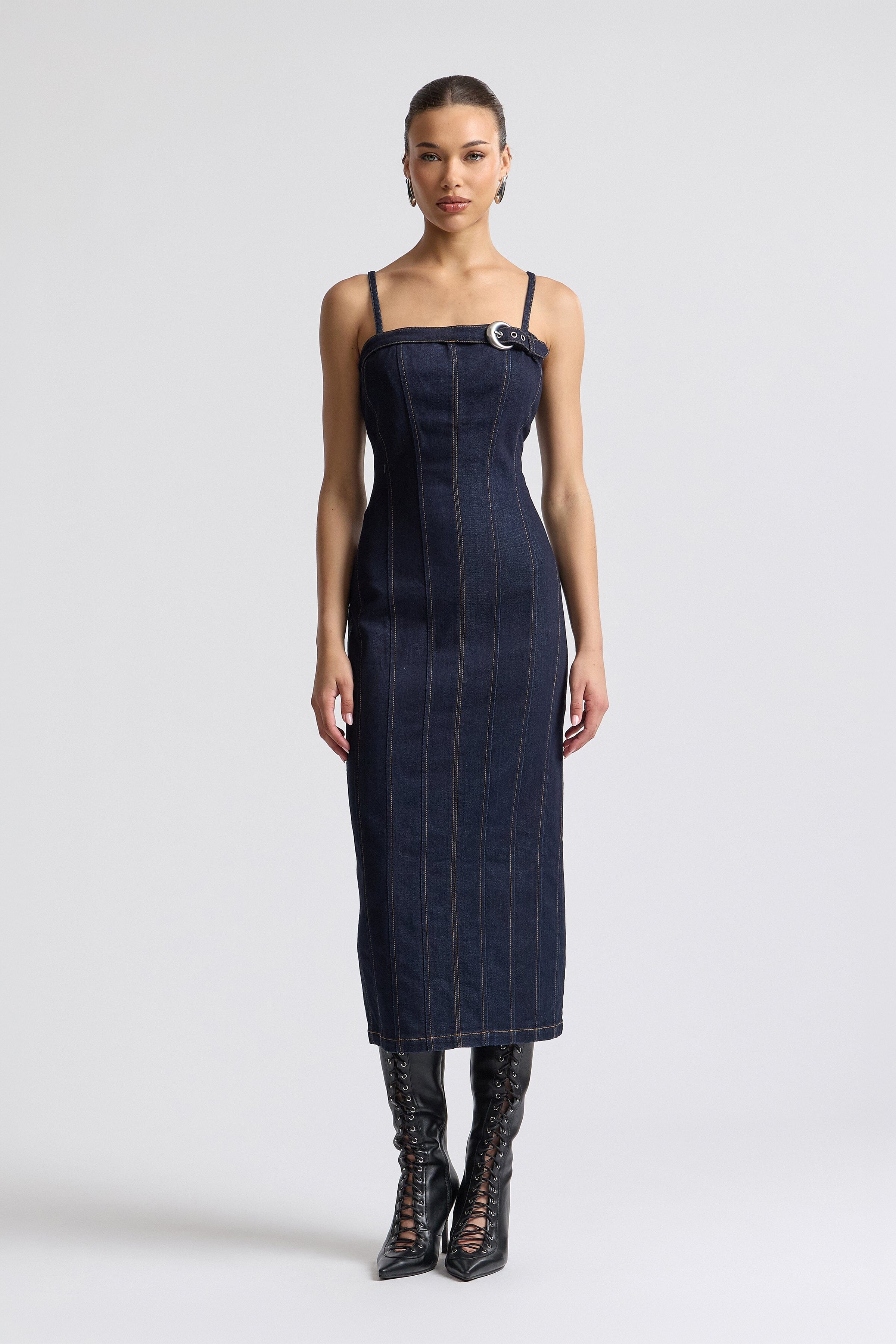 Dark blue denim bodycon midi dress with adjustable straps - Shop women's midi denim dresses by Avec Les Filles.