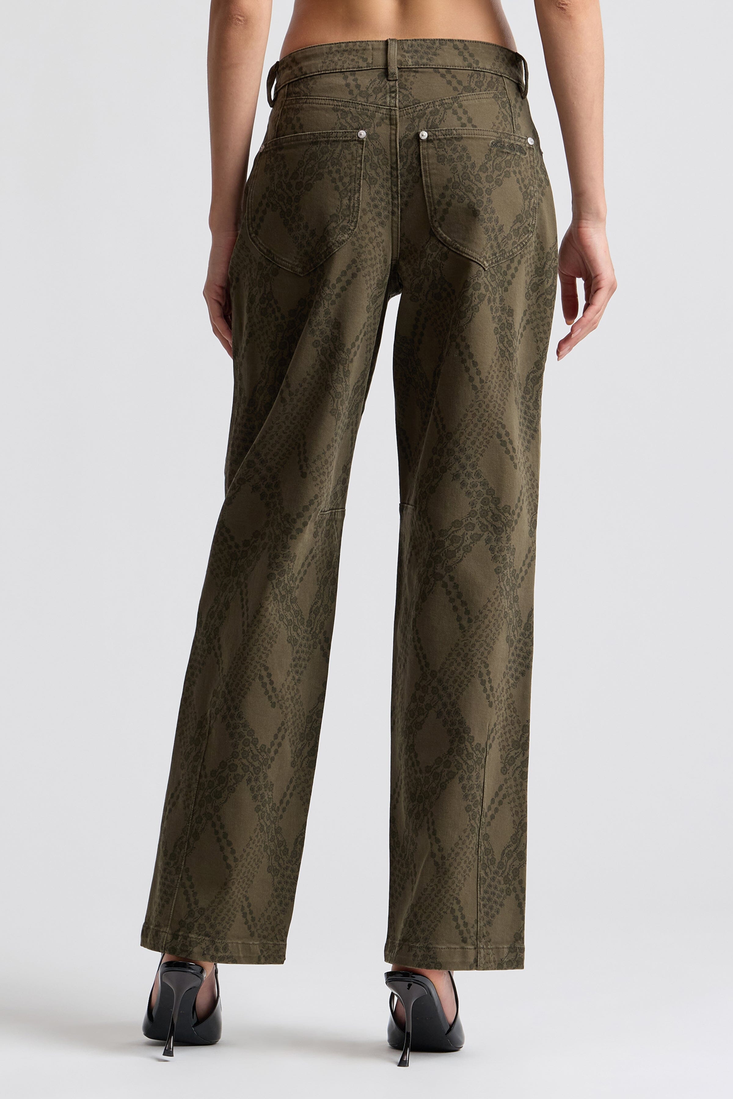 Brown paisley denim carpenter jean in stretch cotton with straight-leg fit - Shop printed denim pants by Avec Les Filles