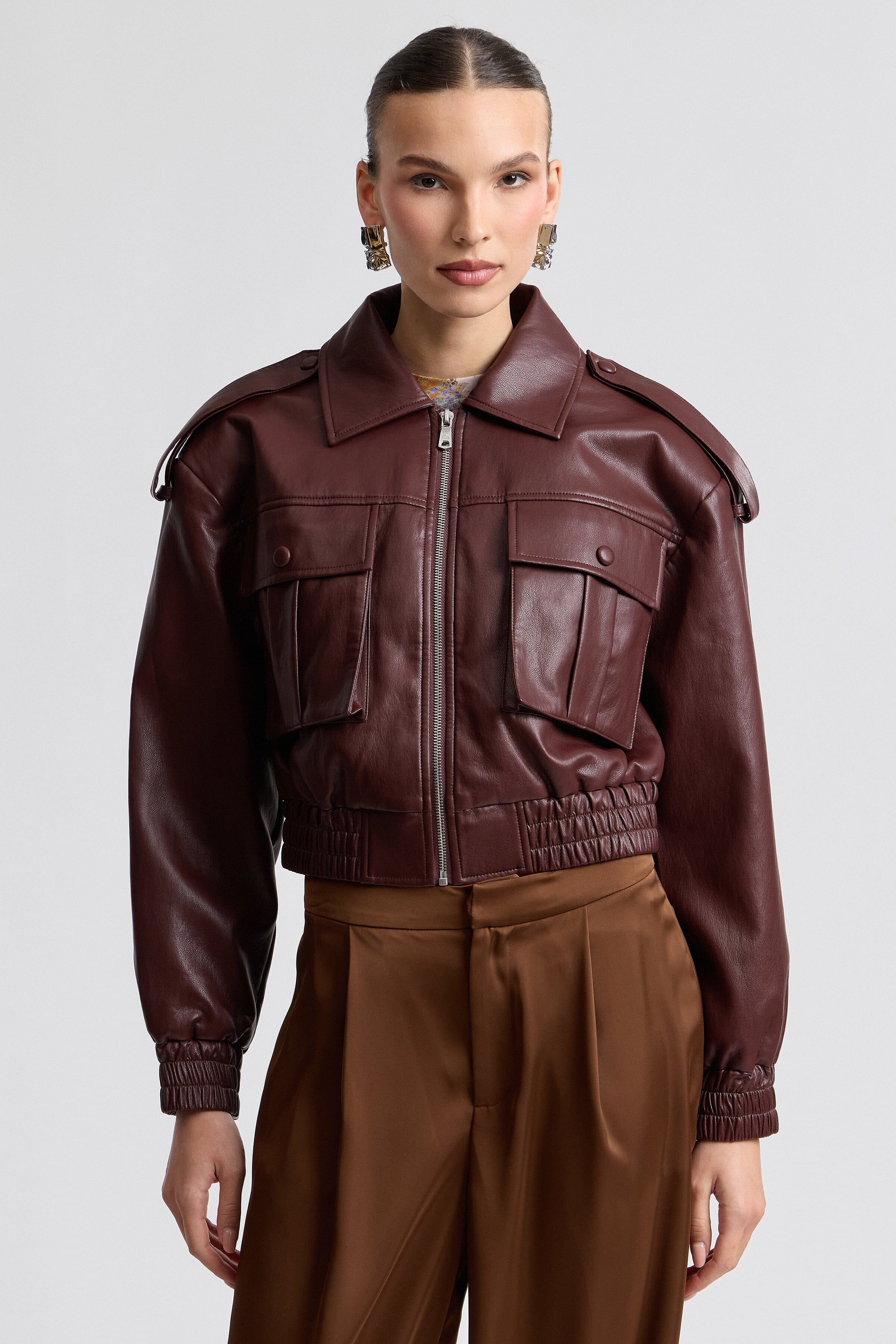 Dark red oversize faux leather bomber jacket with elasticised waist - Shop women's jackets by Avec Les Filles