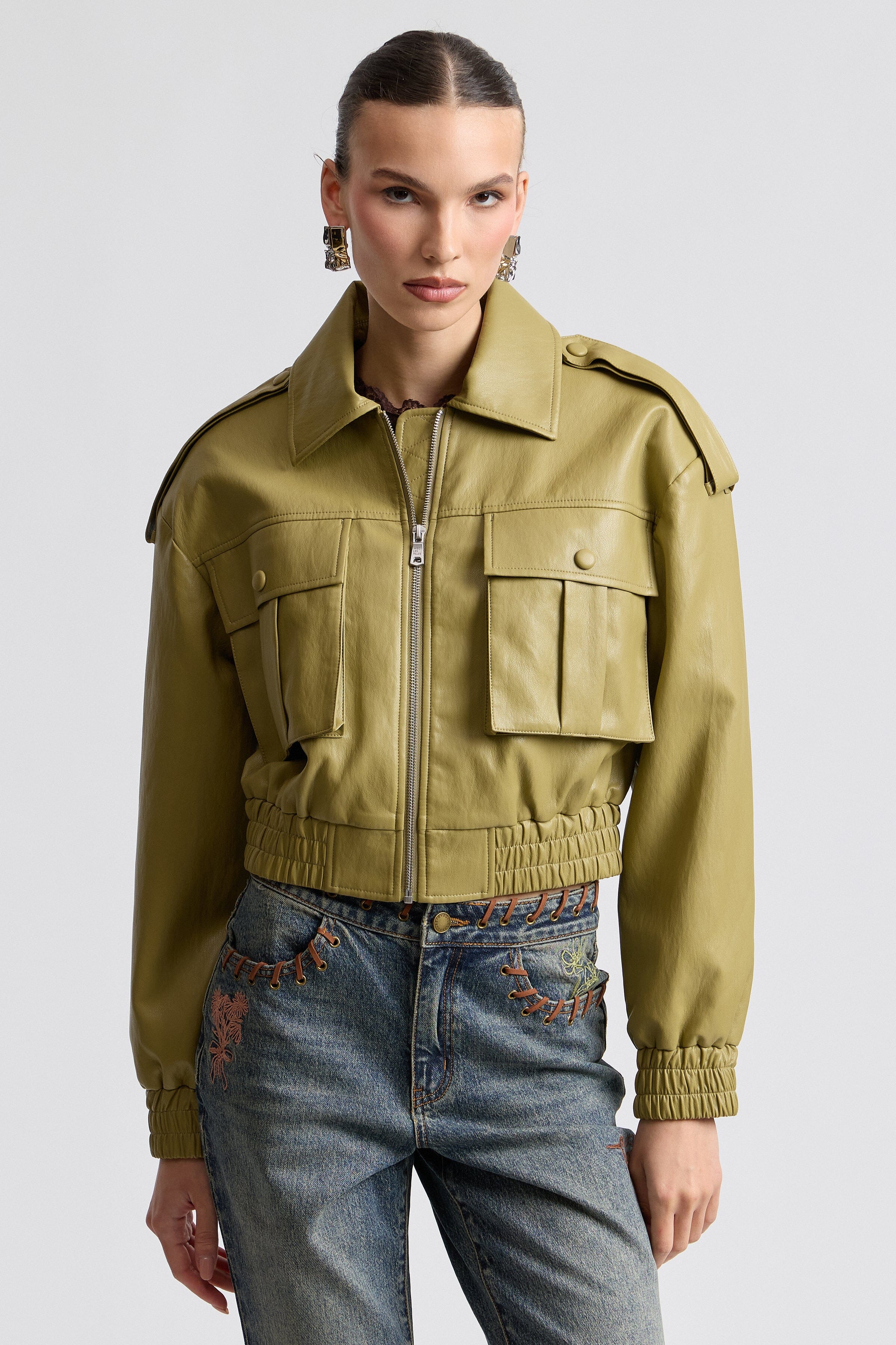 Green oversize faux leather bomber jacket with elastic waistband - Shop women's bomber jackets by Avec Les Filles