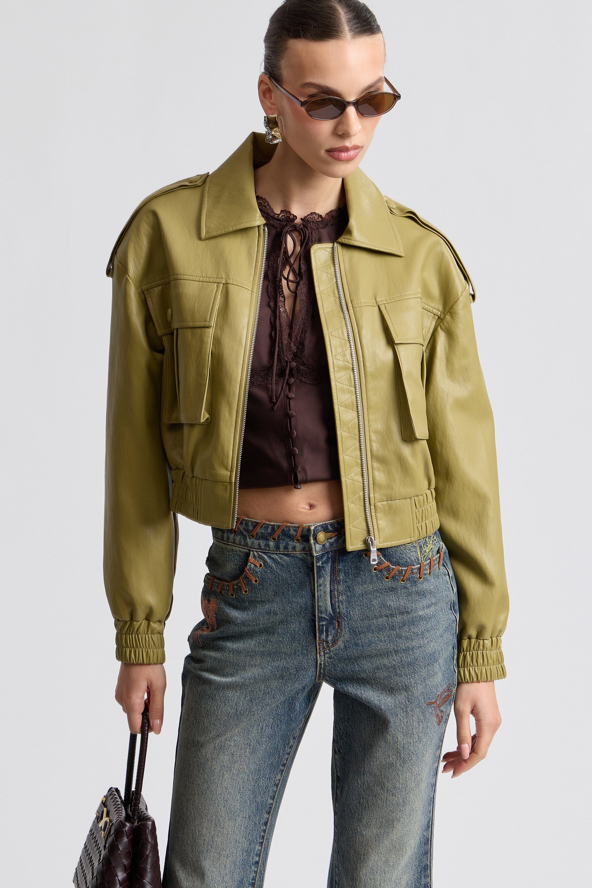 Oversized faux leather green bomber jacket with strong shoulder pads - Shop women's jackets by Avec Les Filles