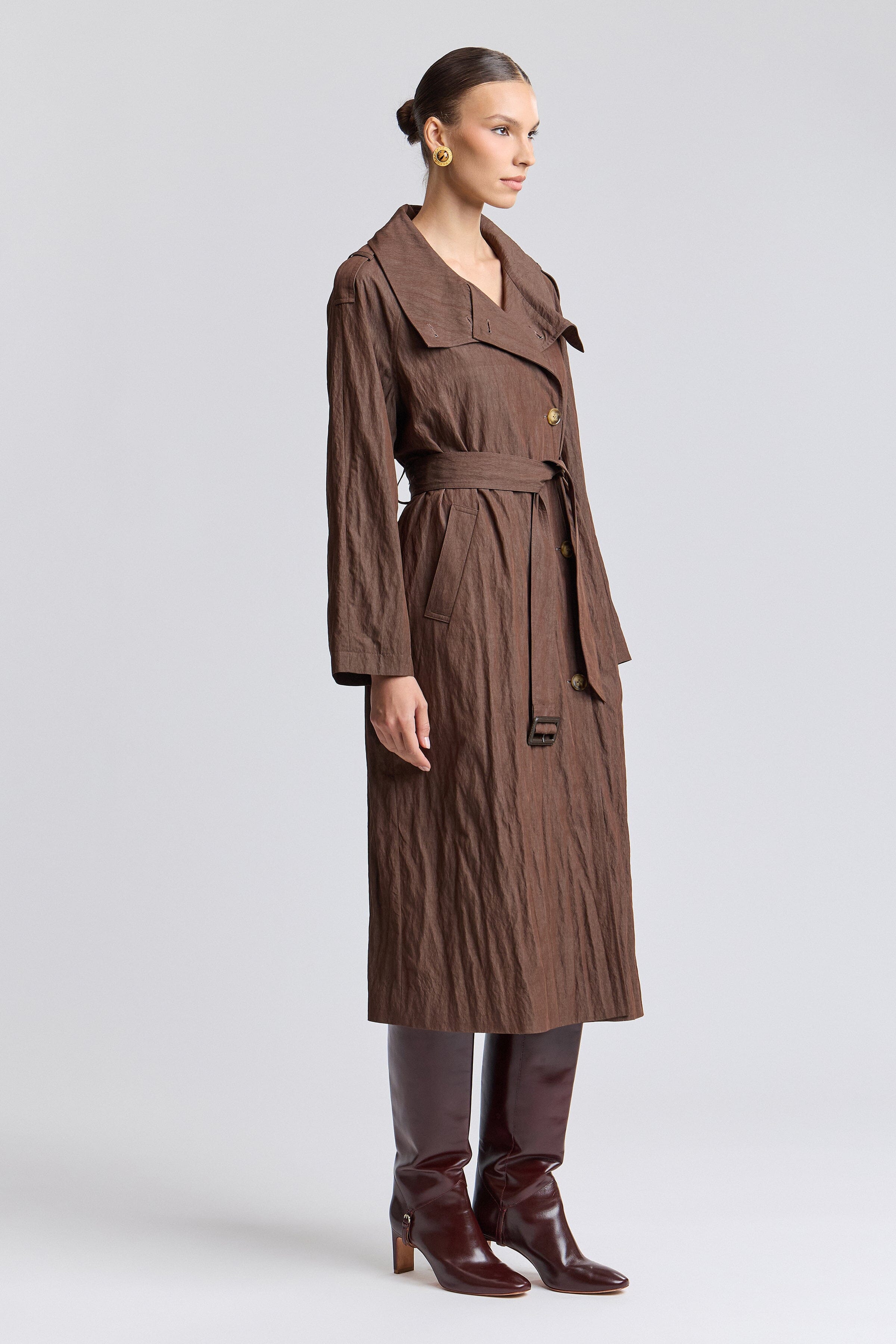 Maxi brown women's relaxed fit tailored trench coat​ - Shop designer trench coats by Avec Les Filles.