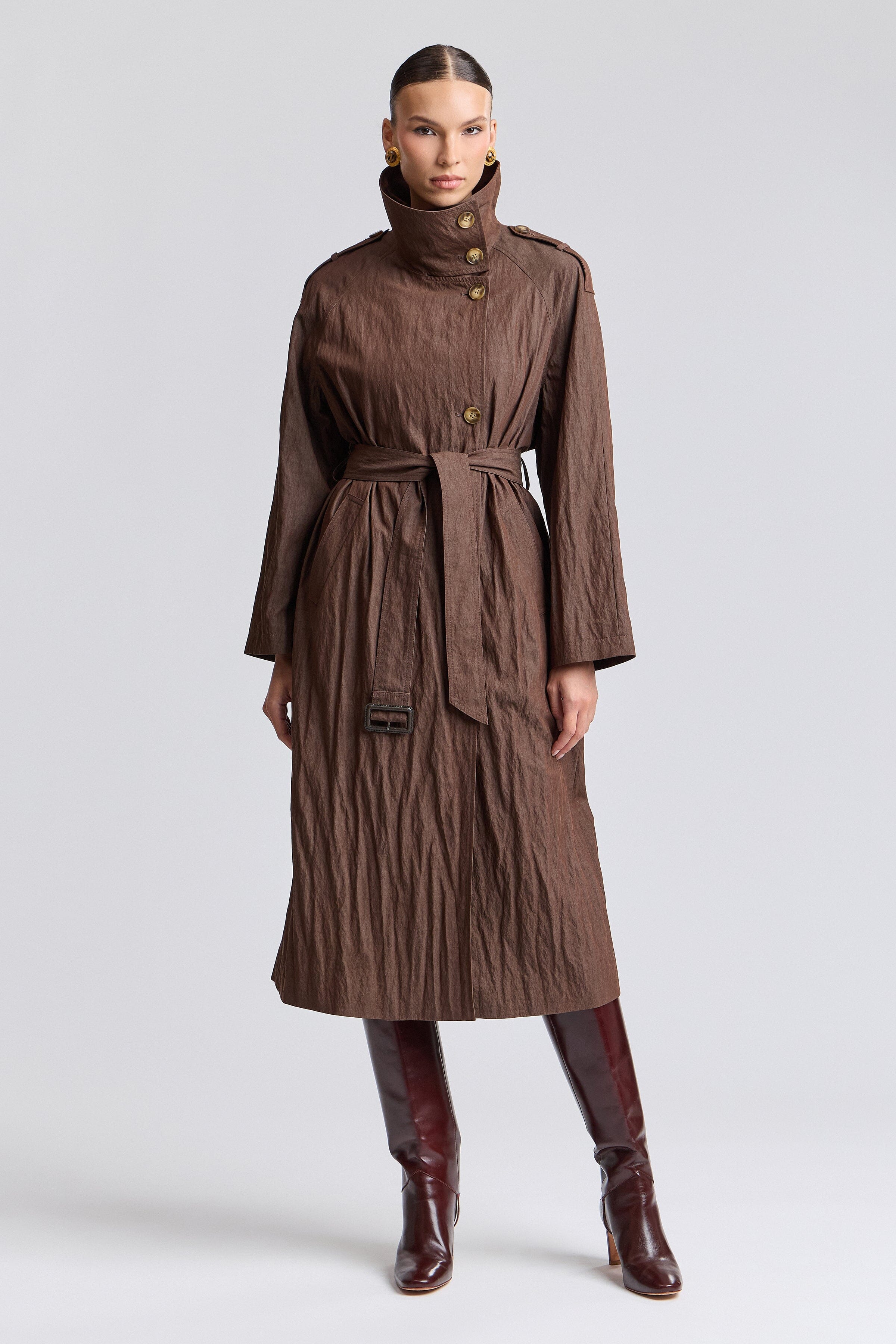 Maxi brown lightweight trench coat with a modern, relaxed structure - Shop womens trench coats by Avec Les Filles.
