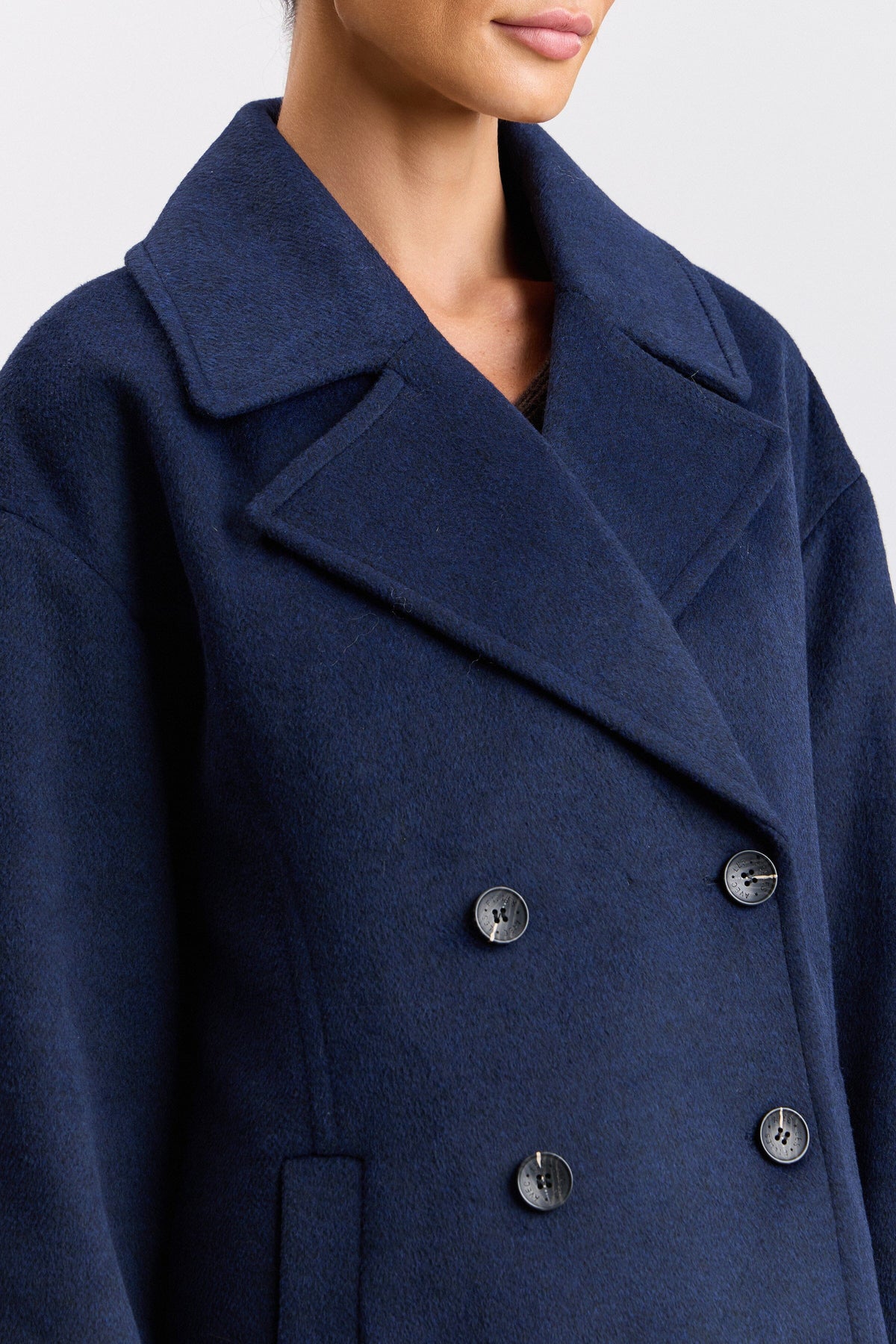 women's double breasted peacoat in wool blend with button-front and notched lapel collar by Avec Les Filles.