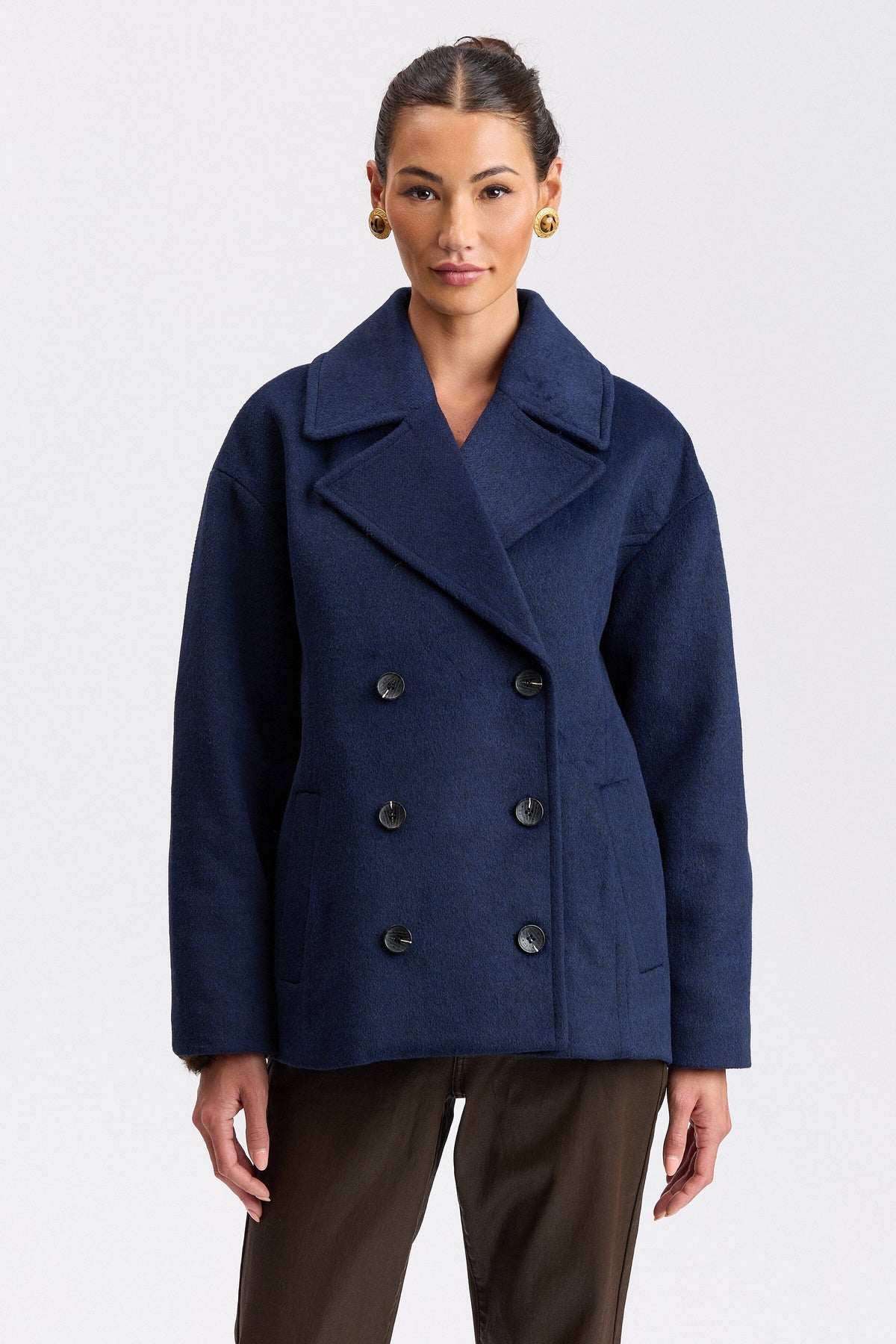 Navy blue double breasted pea coat with button-front - Shop designer women's peacoats by Avec Les Filles.