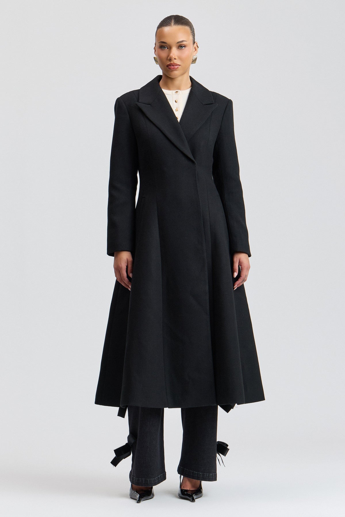 Fit-and-flare long black overcoat in wool blend with button- front - Shop designer wool coats women by Avec Les Filles.
