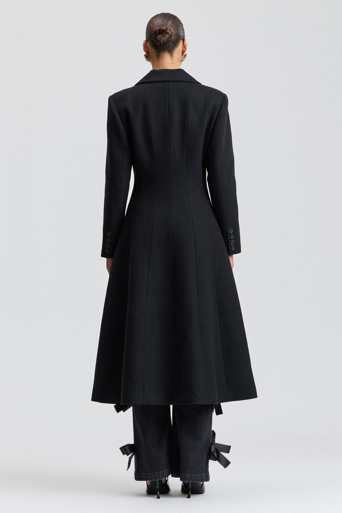 Fit-and-flare long black wool overcoat women with button- front - Shop designer black coats by Avec Les Filles.