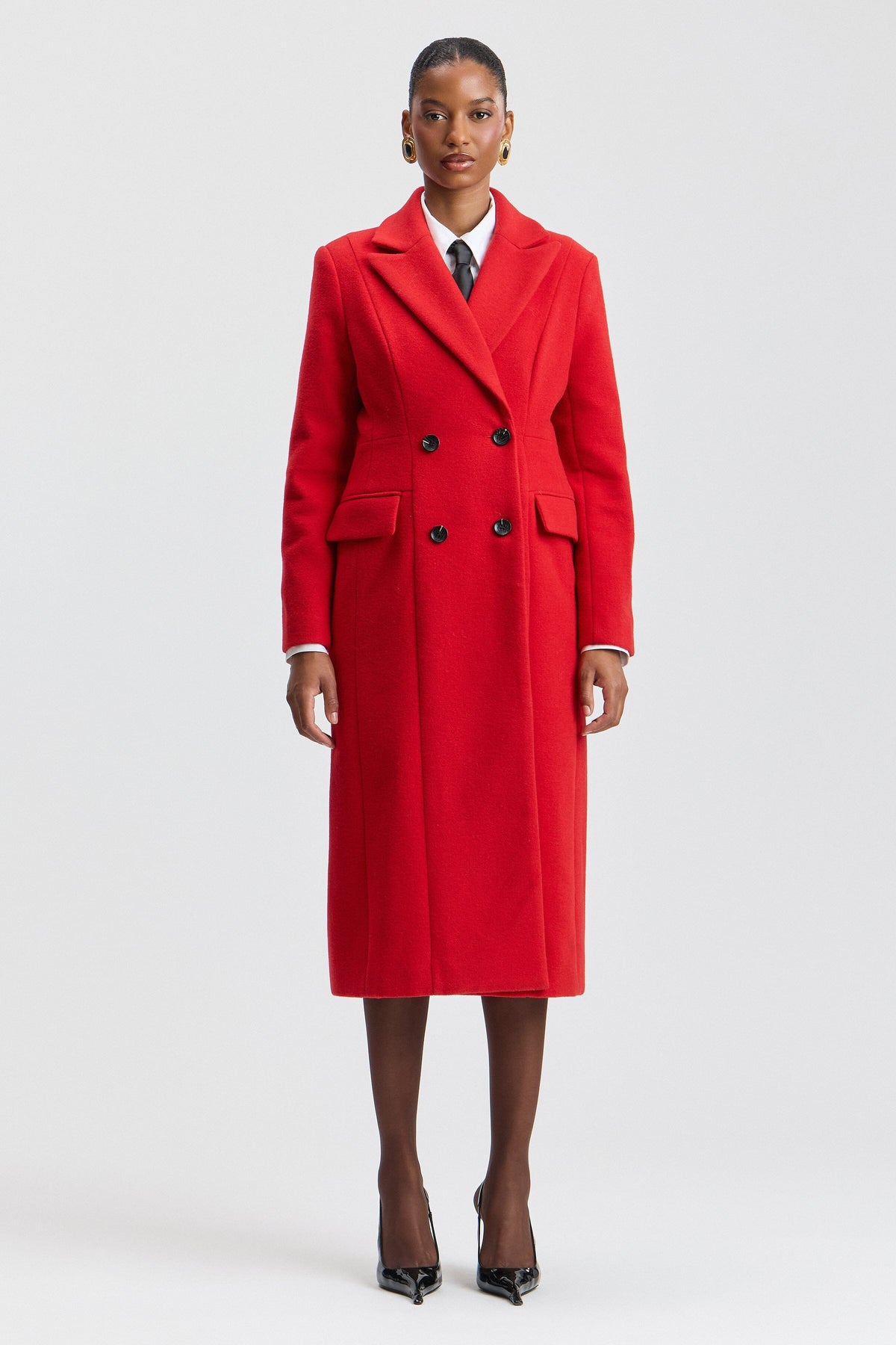 Double-breasted long coat red with notched lapel collar. Shop women's cute long coats by Avec Les Filles.