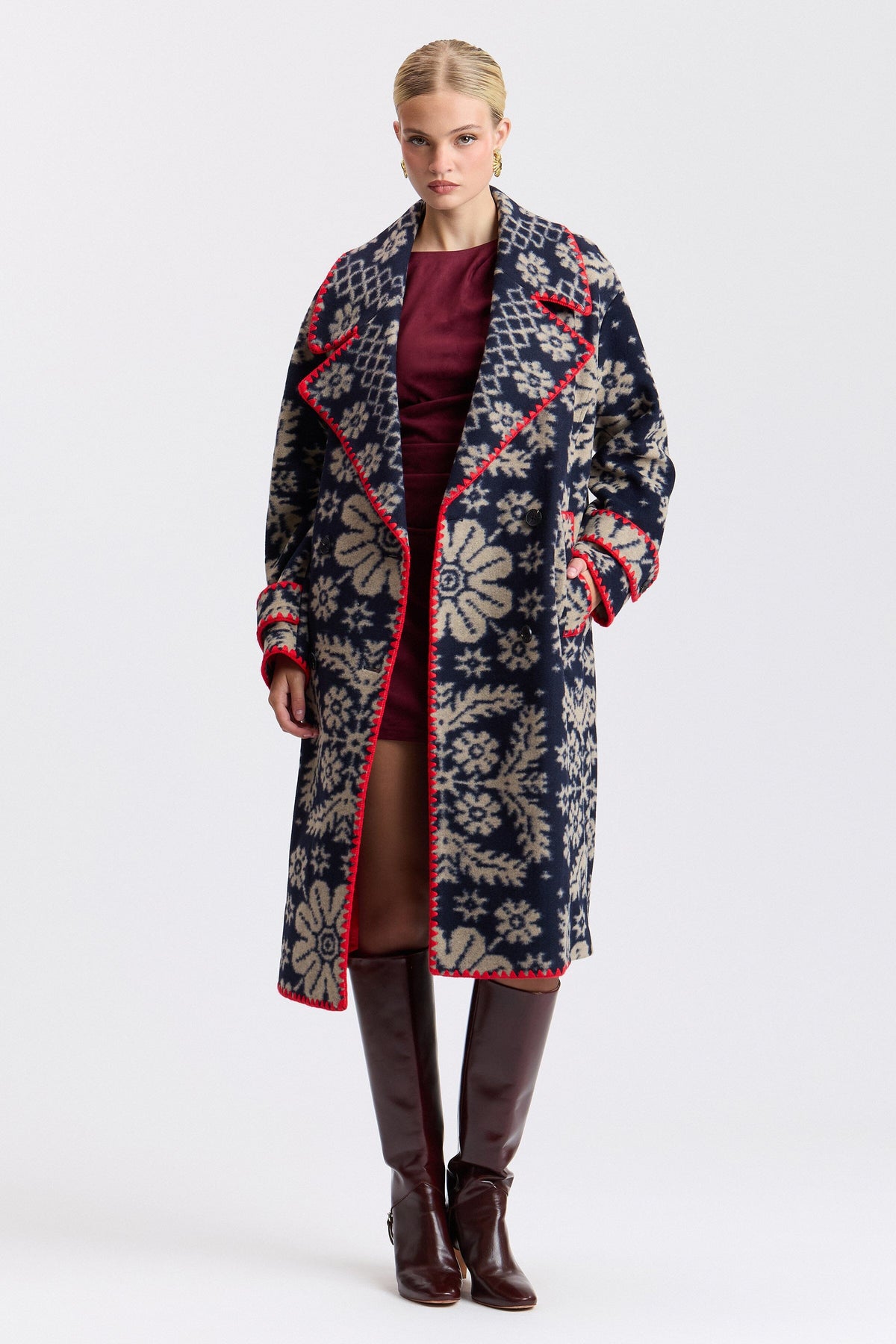 Paisley multicolor long pea coat with double-breasted - Shop women's navy coats by Avec Les Filles.