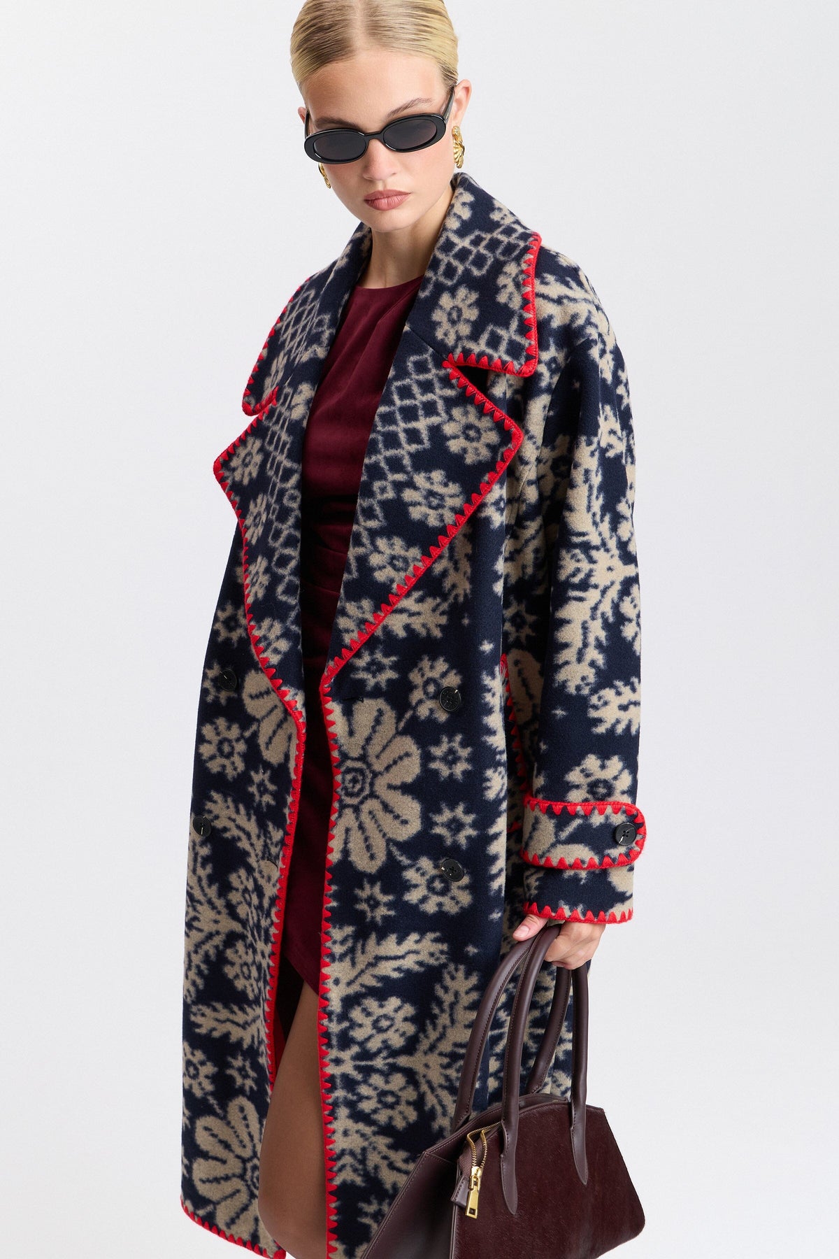 Paisley jacquard multicolor peacoat women with double-breasted - Shop designer navy coats by Avec Les Filles.