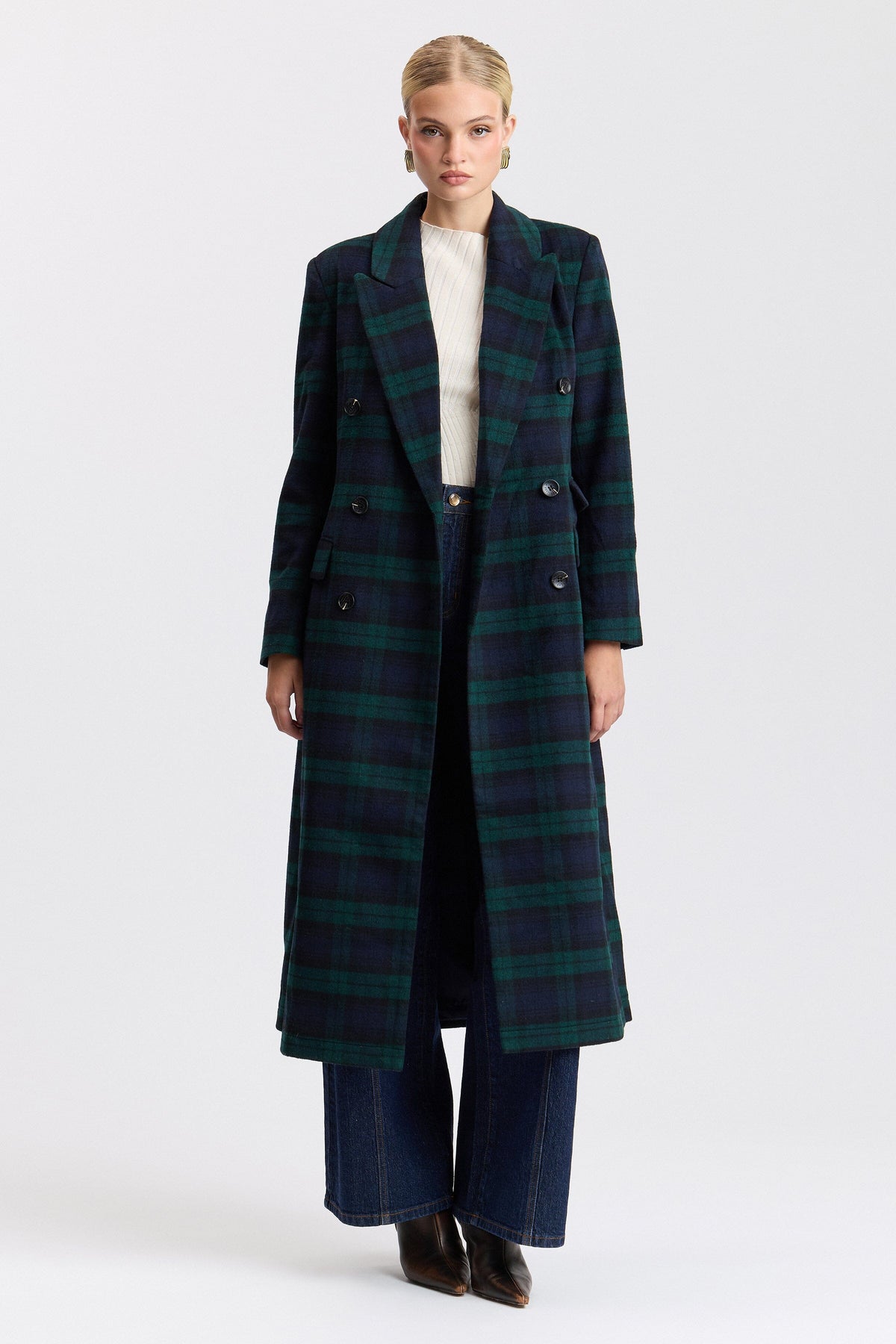 Double-breasted maxi plaid coat with a notched lapel collar - Shop designer ladies plaid coats by Avec Les Filles.