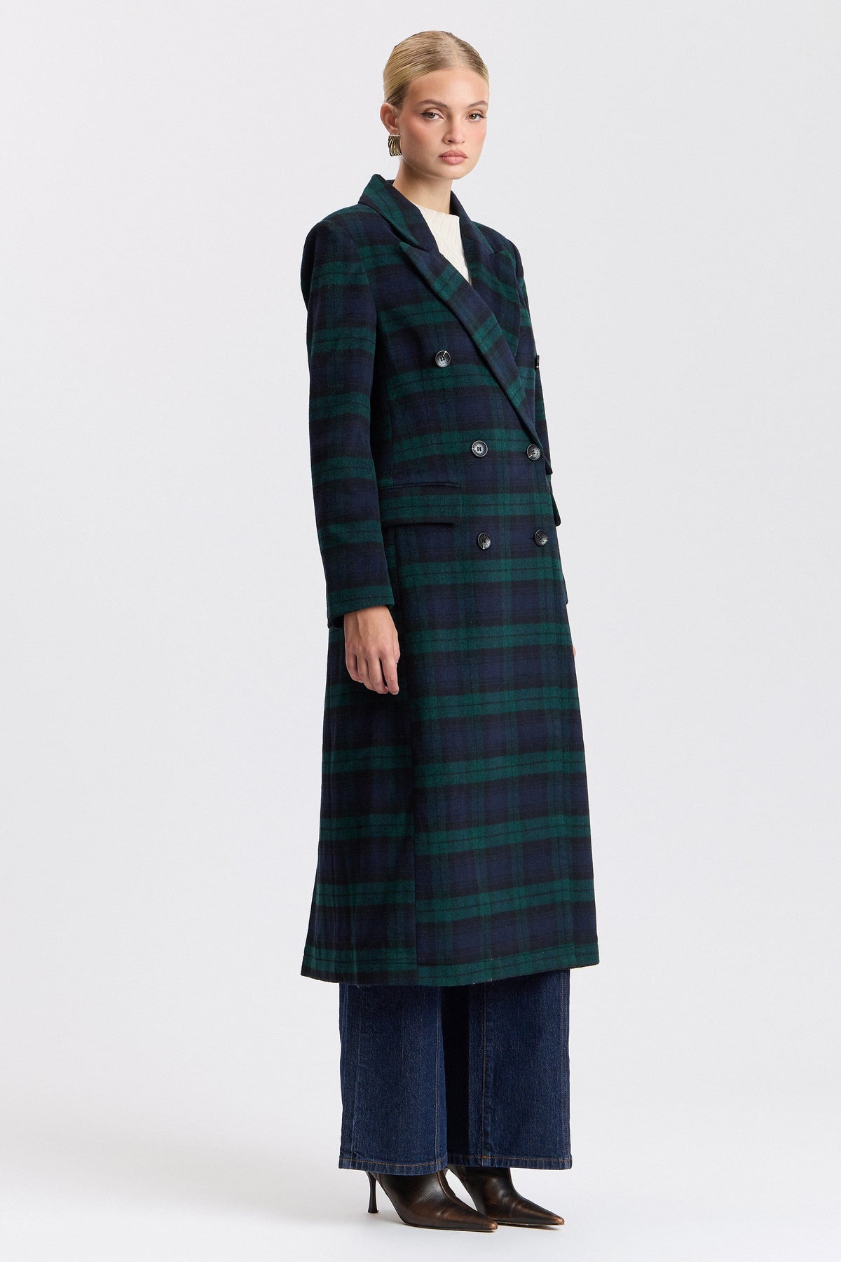 Double-breasted maxi plaid coat ladies with a notched lapel collar - Shop designer plaid coats by Avec Les Filles.