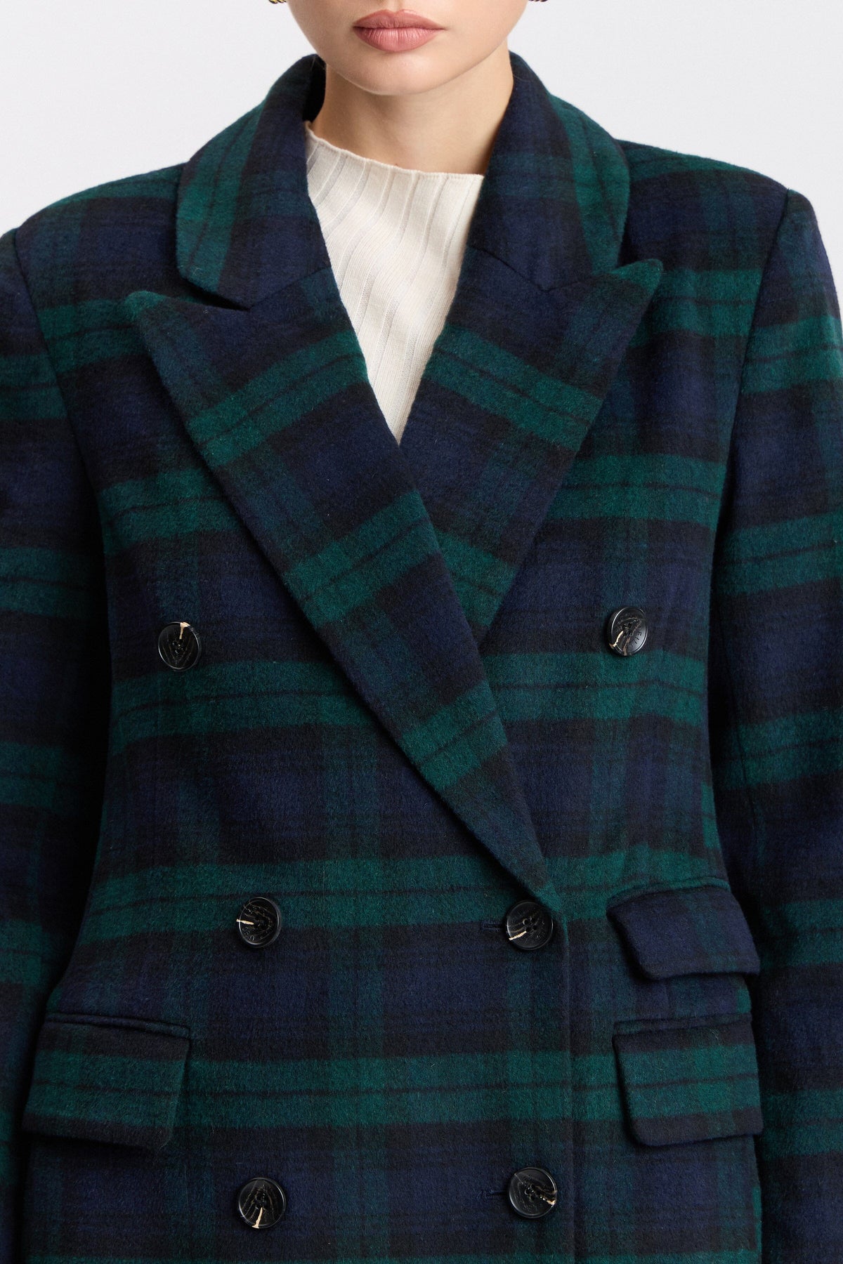 Double-breasted womens plaid coat with notched lapel collar - Shop designer ladies plaid coats by Avec Les Filles.