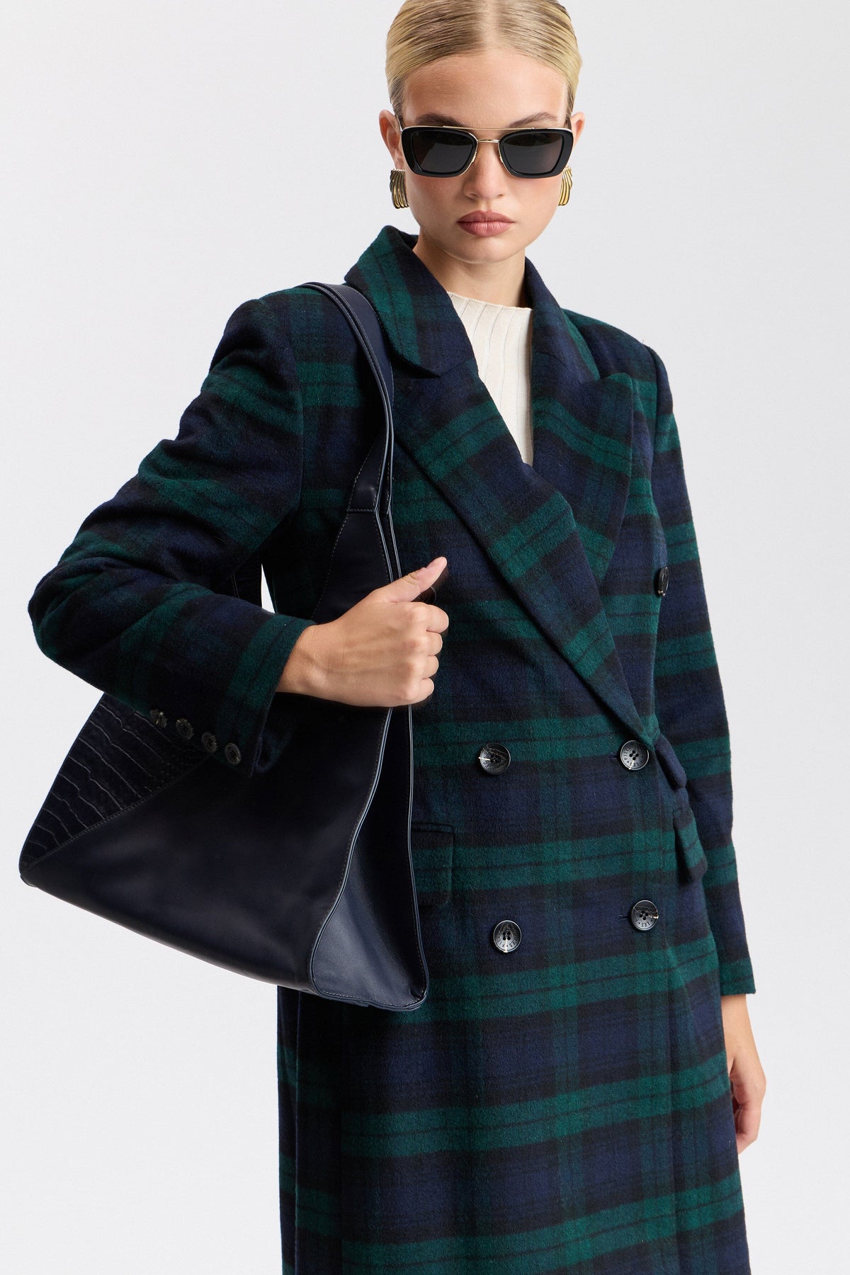 Double-breasted maxi wool blend coat with notched lapel collar  - Shop ladies plaid coats by Avec Les Filles.