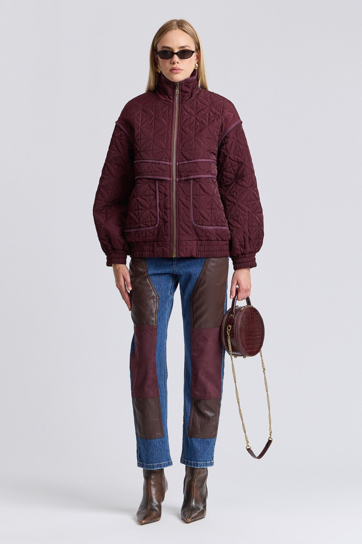 Quilted plum bomber jacket oversized with zip-front and long sleeves - Shop women's jackets by Avec Les Filles.