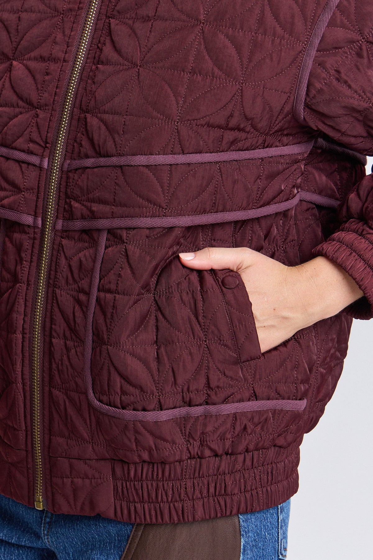 Quilted plum jacket womens with zip-front and long sleeves - Shop designer bomber jackets by Avec Les Filles.