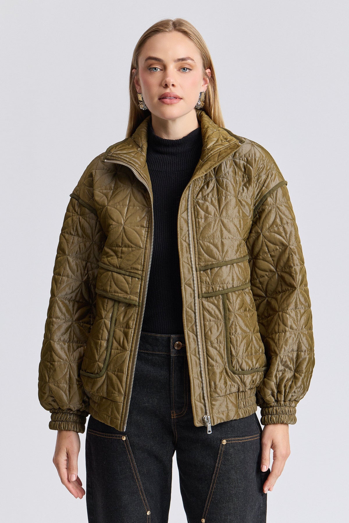 Quilted green bomber jacket with zip-front and long sleeves - Shop women's bomber jackets by Avec Les Filles.