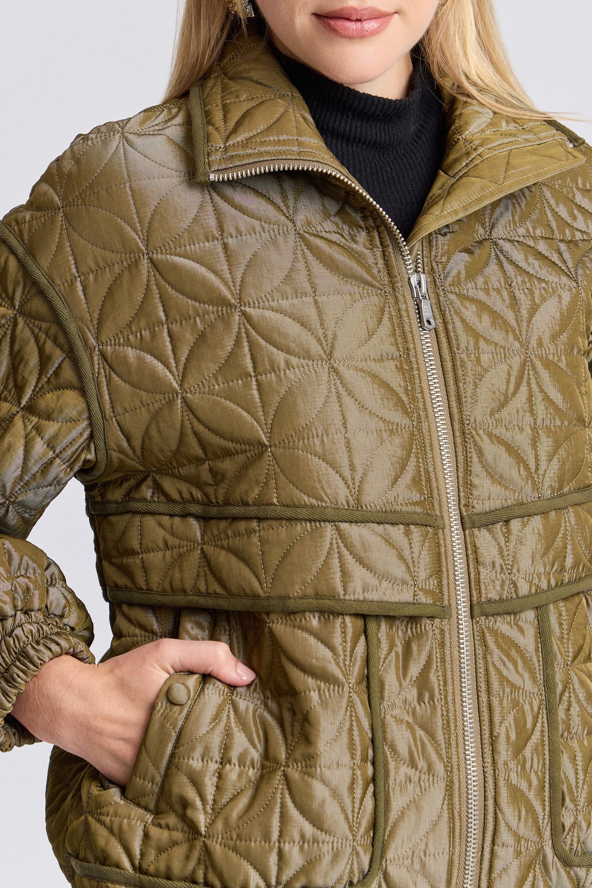 Oversized green quilted jacket with a high funnel neck and zip-front - Shop women's jackets by Avec Les Filles.