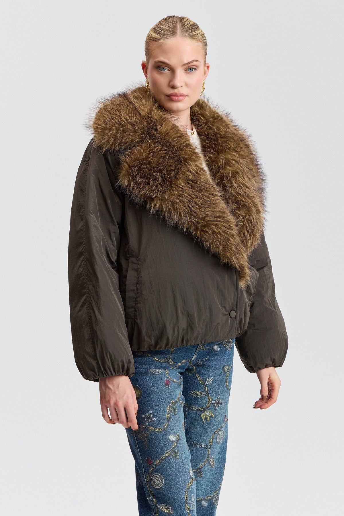 Brown faux fur jacket with balloon sleeves - Shop designer women's cute faux fur jackets by Avec Les Filles.