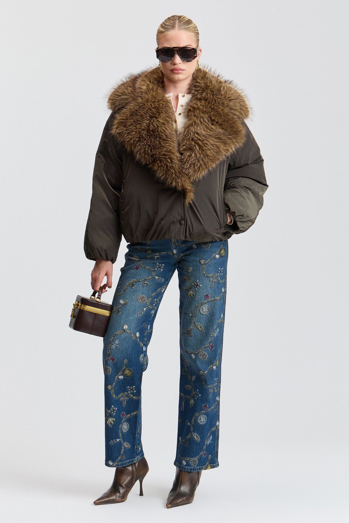 Faux-fur brown women puffer jacket with balloon sleeves - Shop designer faux fur jackets by Avec Les Filles.